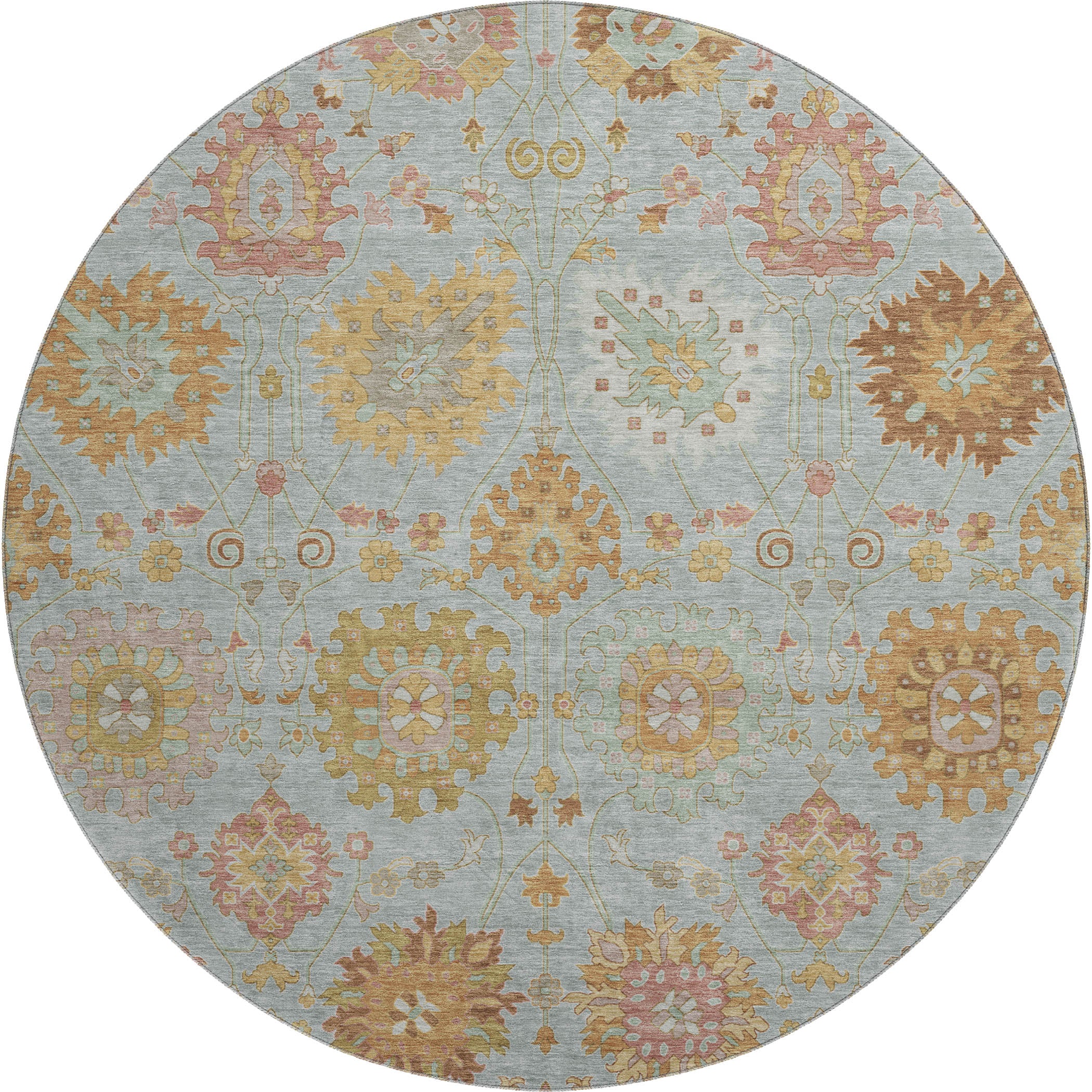Queenstown Machine Washable Transitional Seafoam Blue Rug 8' x 8' #shape_Round
