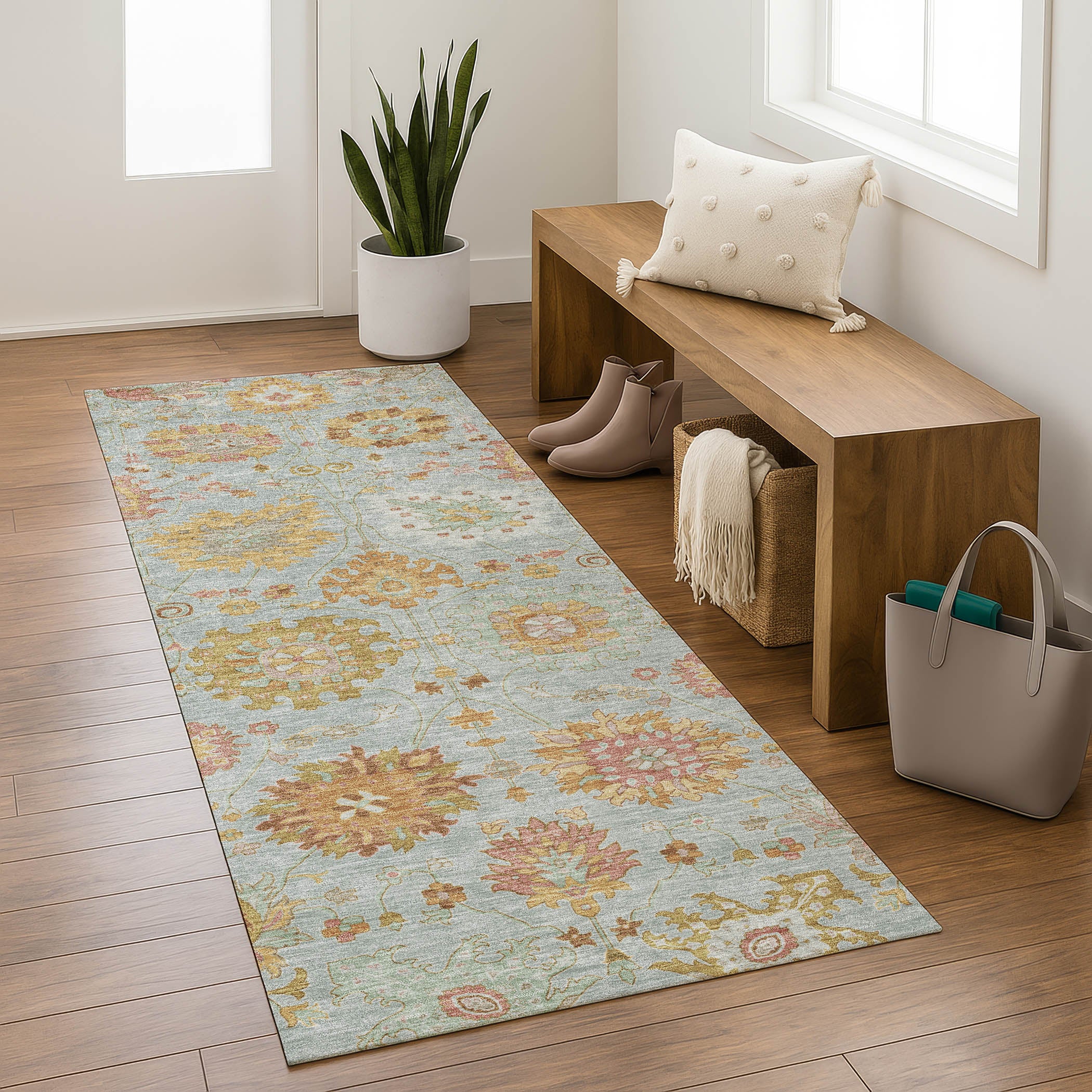 Queenstown Machine Washable Transitional Seafoam Blue Rug 2'3" x 7'6" #shape_Runner