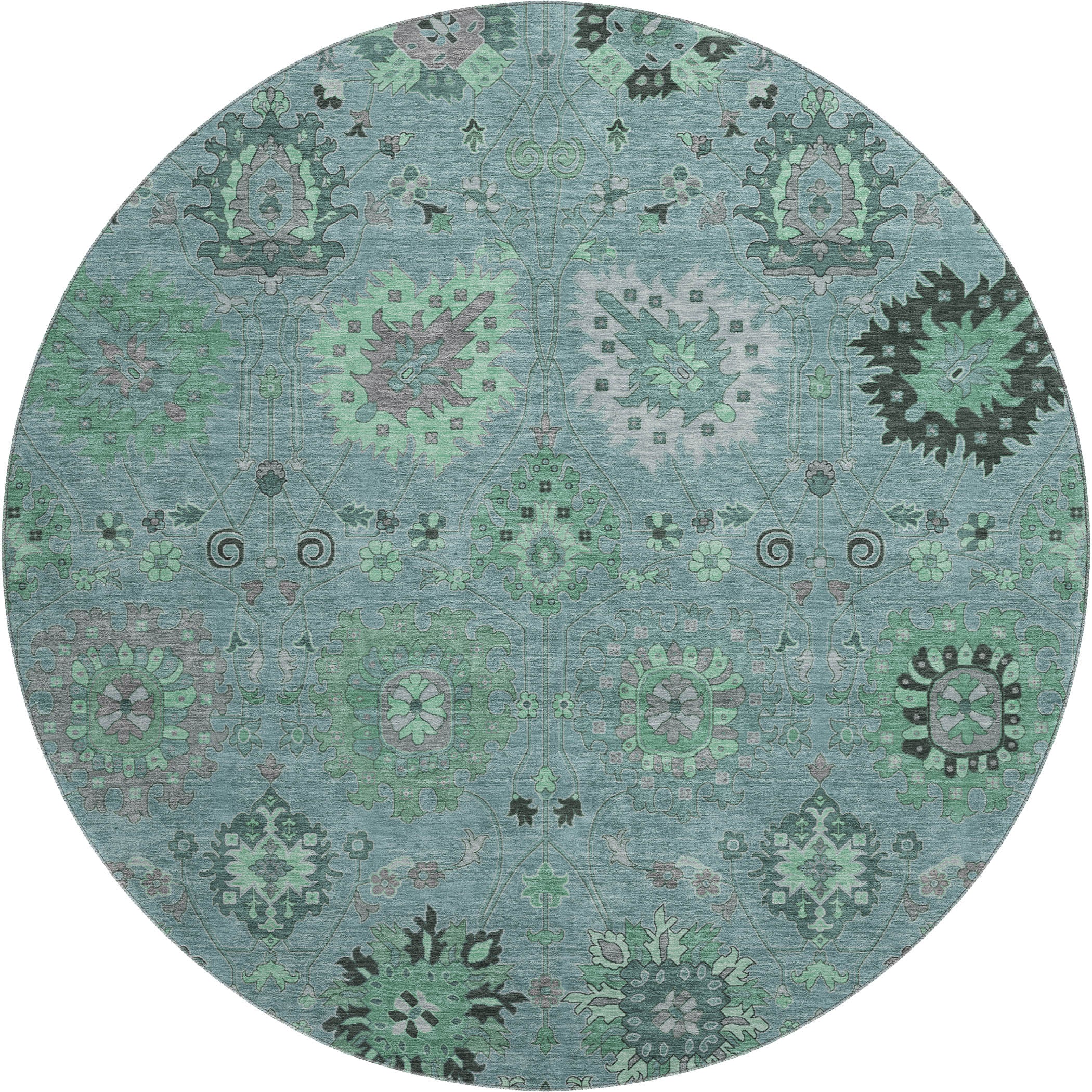 Queenstown Machine Washable Transitional Teal Rug 8' x 8' #shape_Round