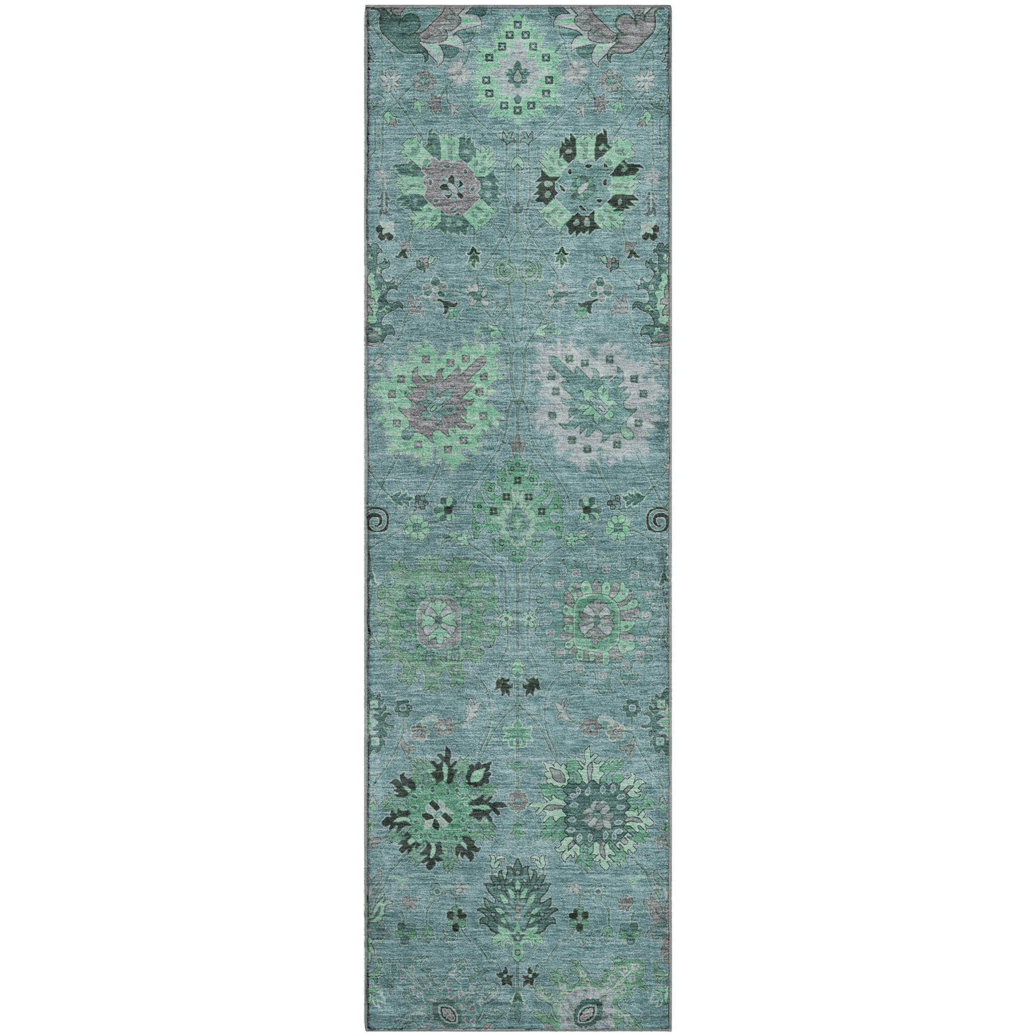 Queenstown Machine Washable Transitional Teal Rug 2'3" x 7'6" #shape_Runner
