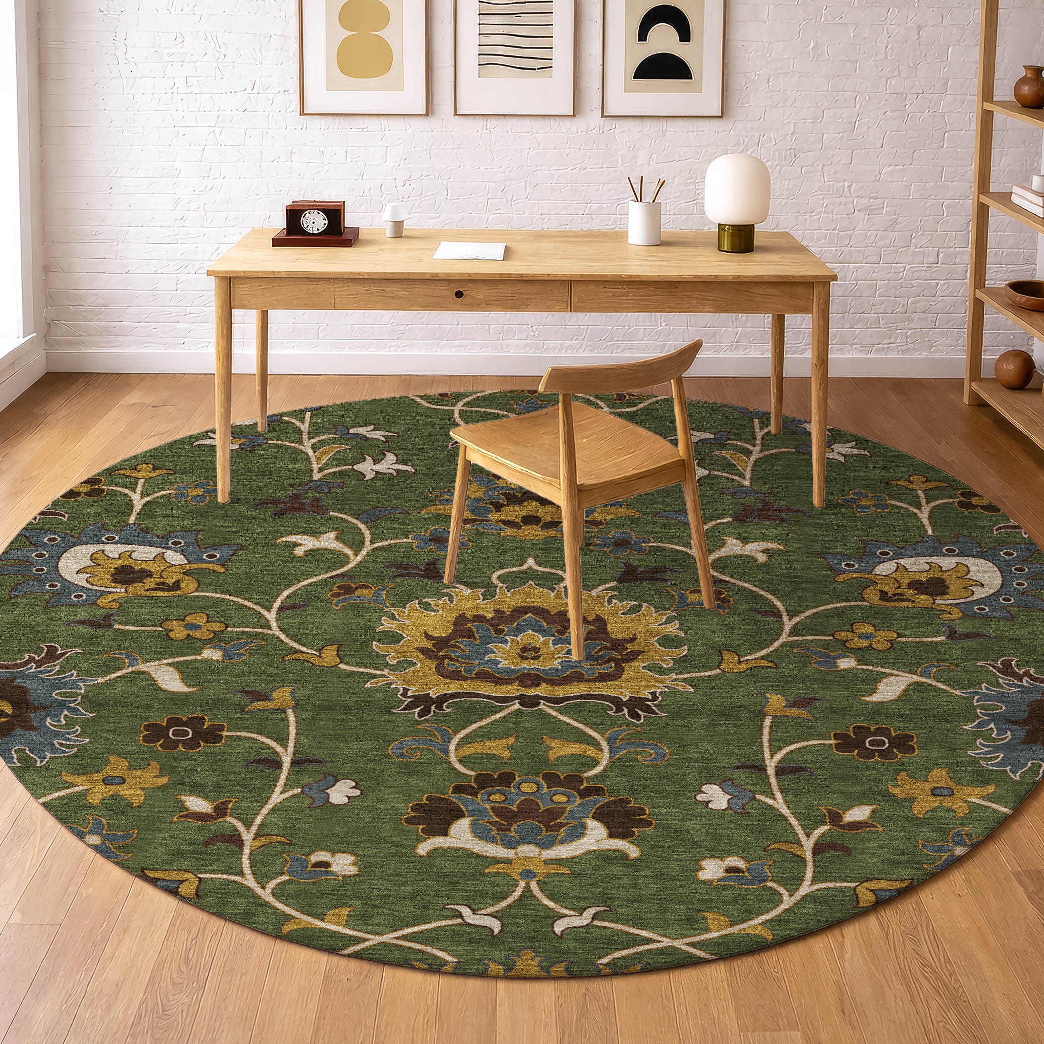 Bruges Machine Washable Traditional Aloe Green Rug 8' x 8' #shape_Round