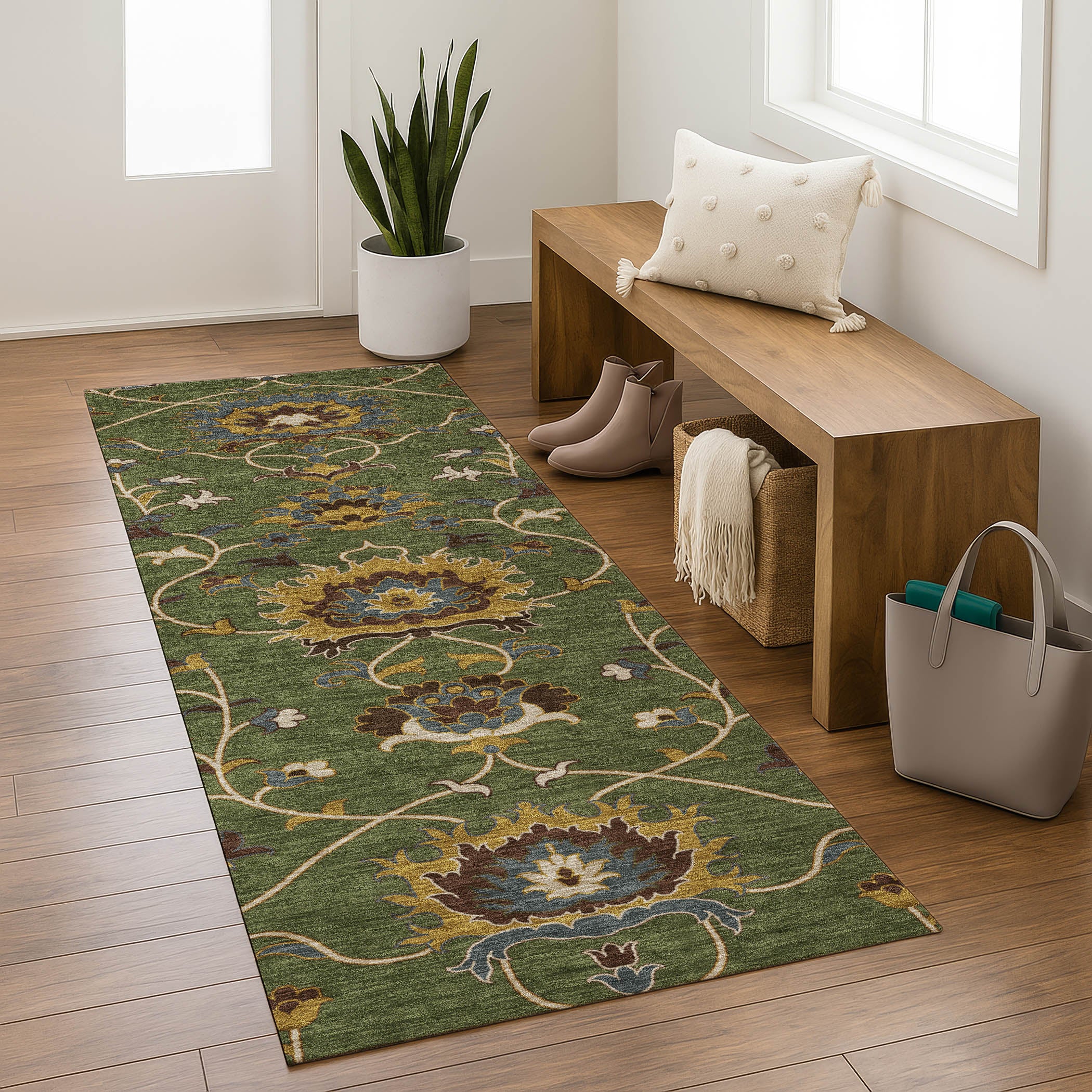 Bruges Machine Washable Traditional Aloe Green Rug 2'3" x 7'6" #shape_Runner