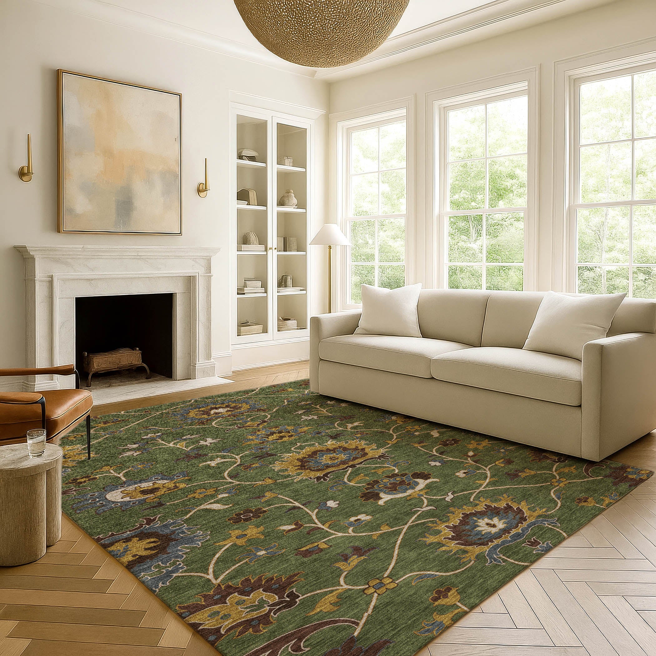 Bruges Machine Washable Traditional Aloe Green Rug 3' x 5' #shape_Rectangle