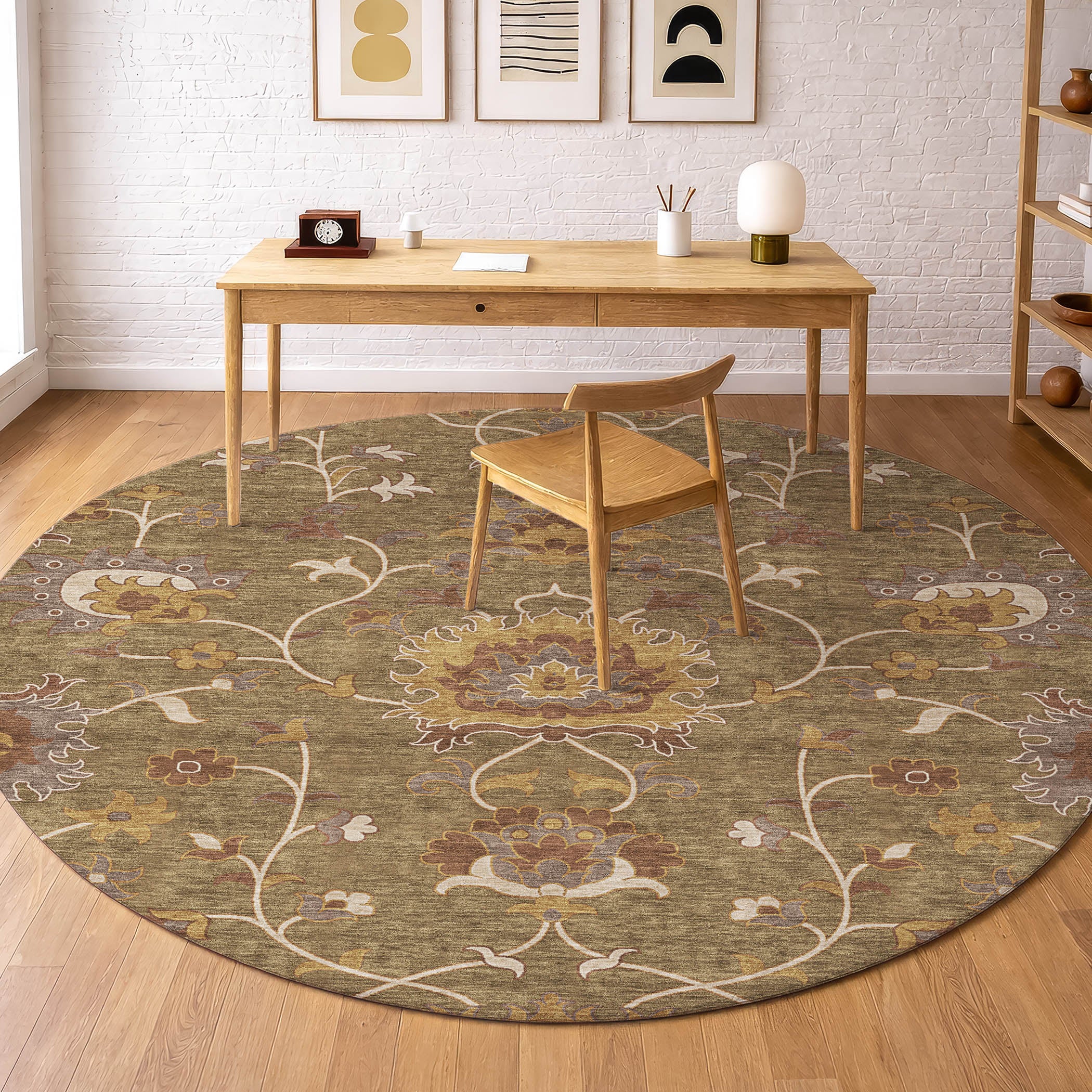 Bruges Machine Washable Traditional Brown Rug 8' x 8' #shape_Round