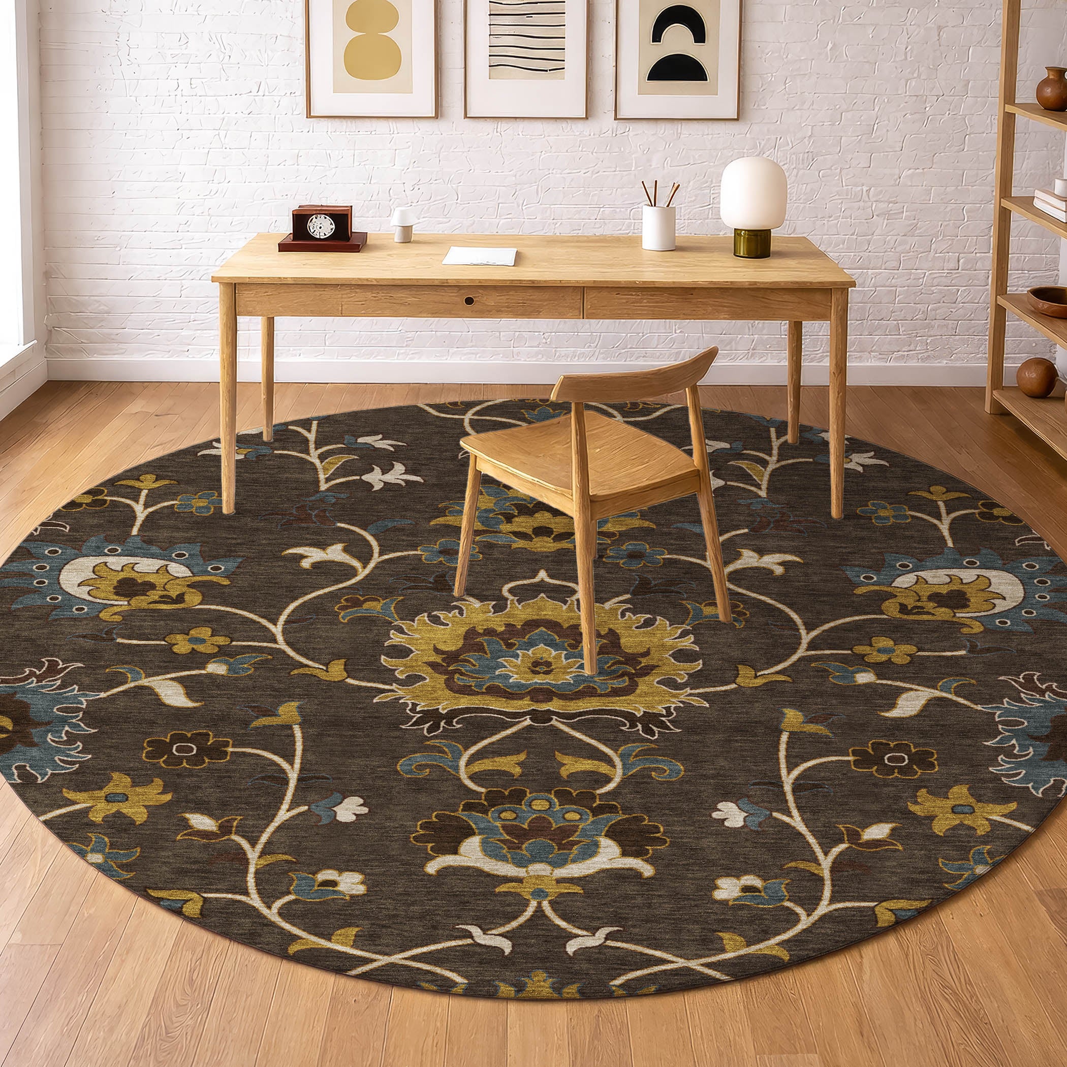 Bruges Machine Washable Traditional Chocolate Brown Rug 8' x 8' #shape_Round