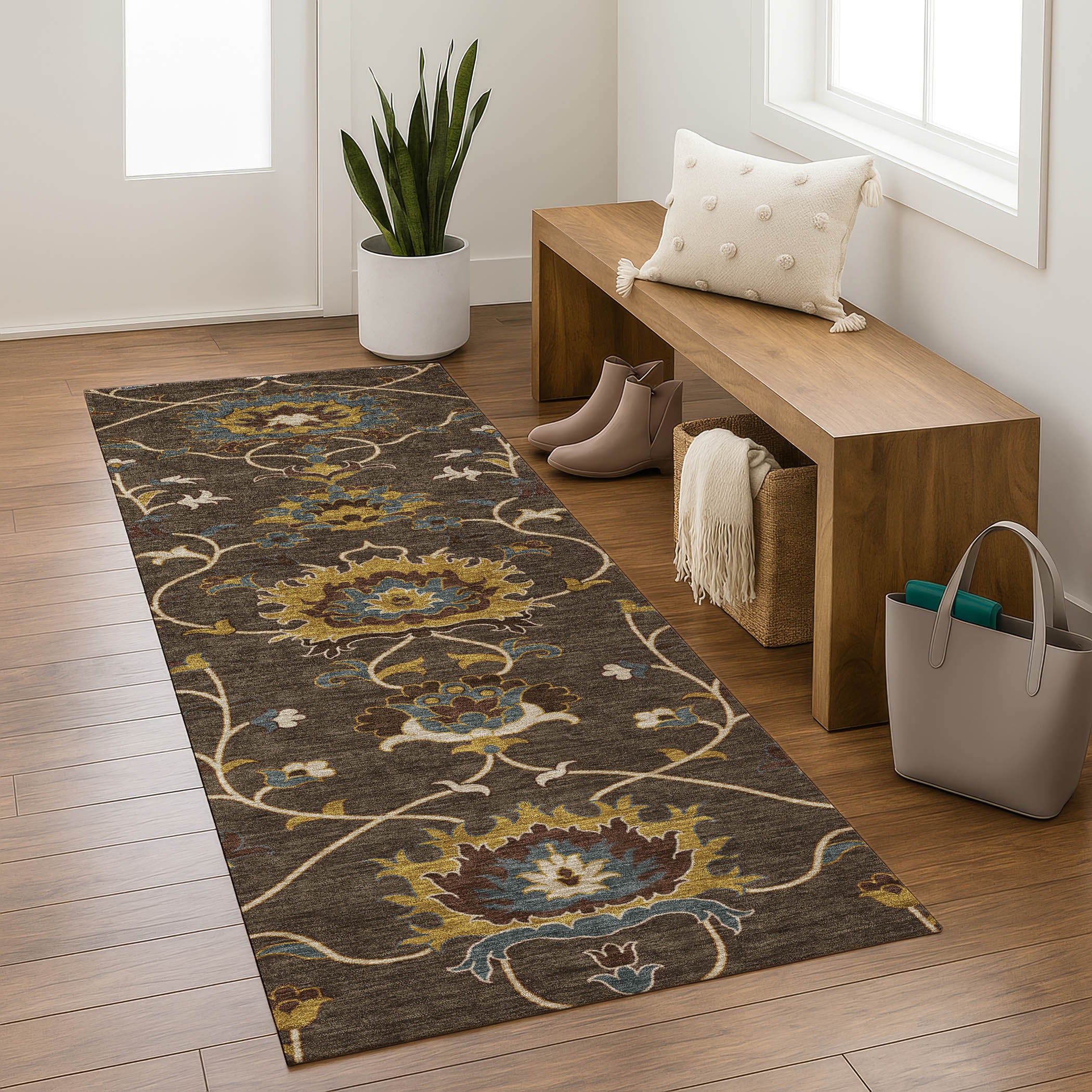 Bruges Machine Washable Traditional Chocolate Brown Rug 2'3" x 7'6" #shape_Runner