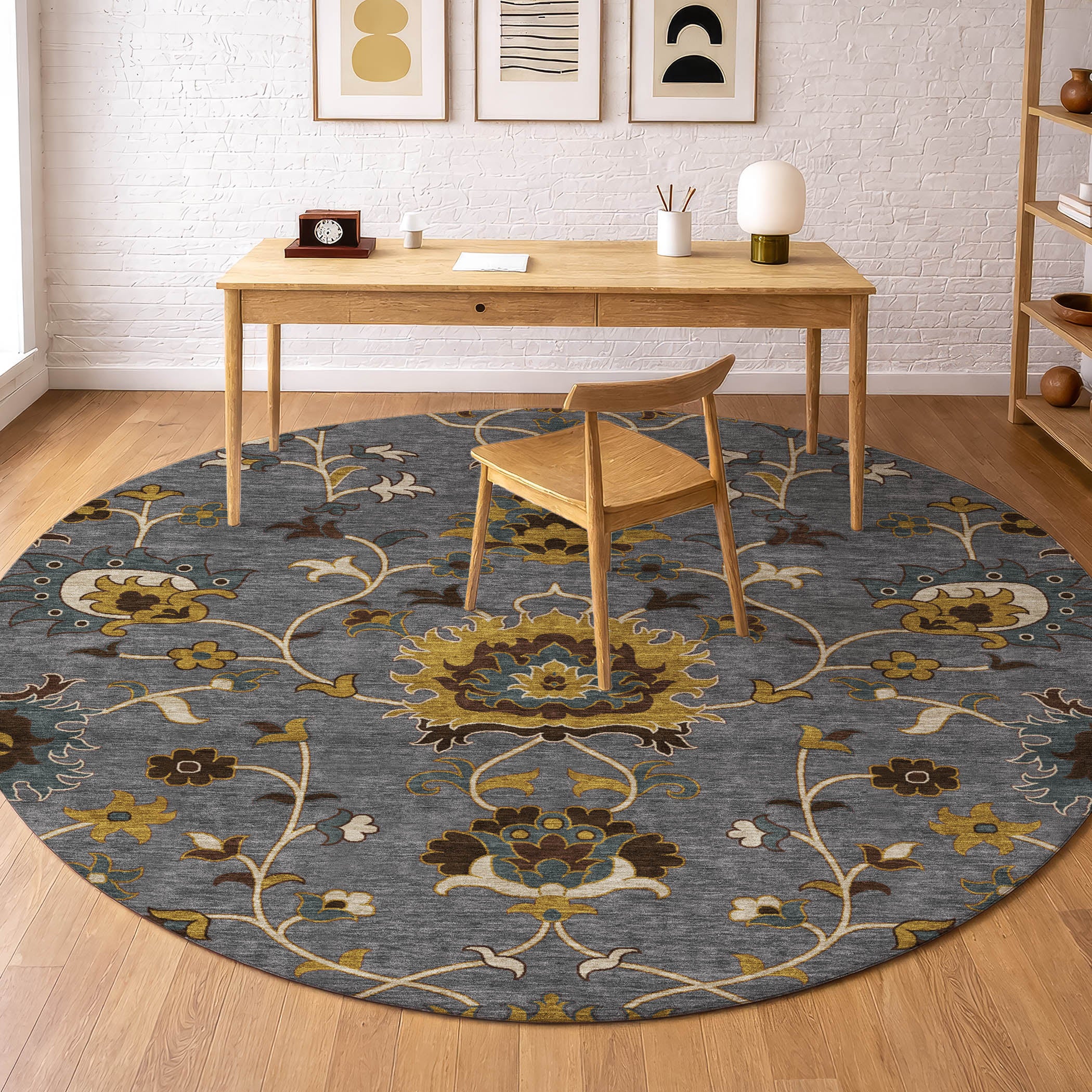 Bruges Machine Washable Traditional Gray Rug 8' x 8' #shape_Round