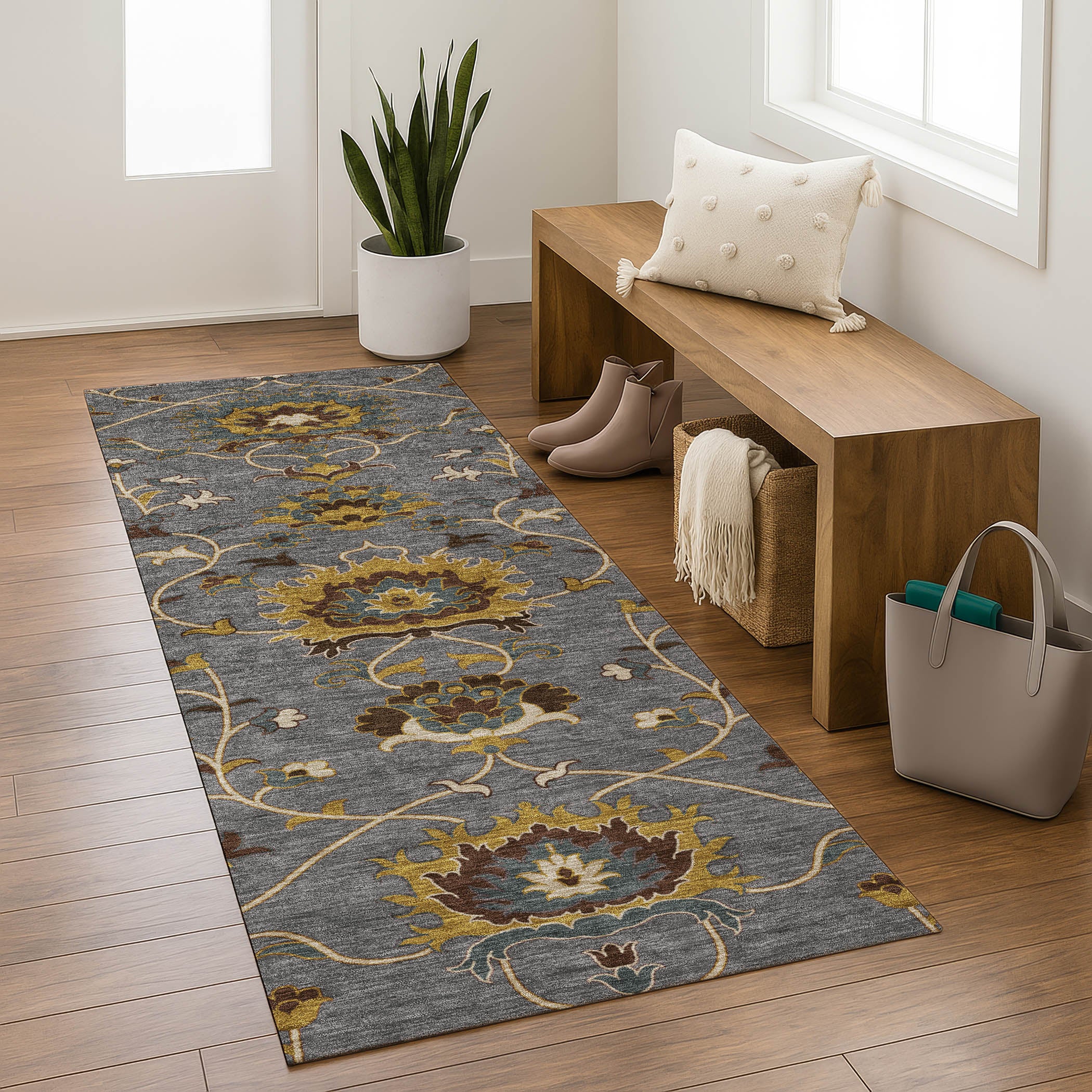 Bruges Machine Washable Traditional Gray Rug 2'3" x 7'6" #shape_Runner