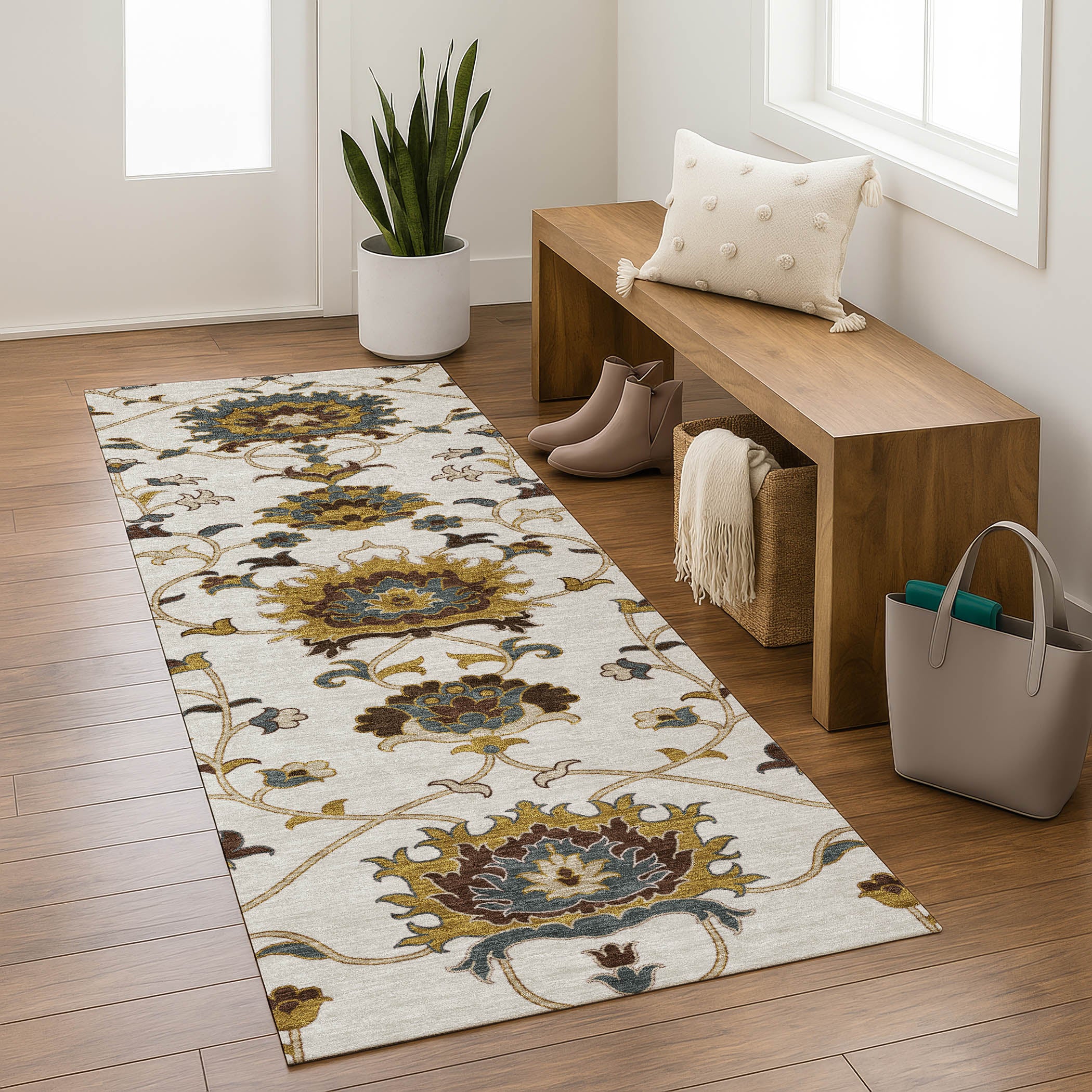 Bruges Machine Washable Traditional Ivory Rug 2'3" x 7'6" #shape_Runner