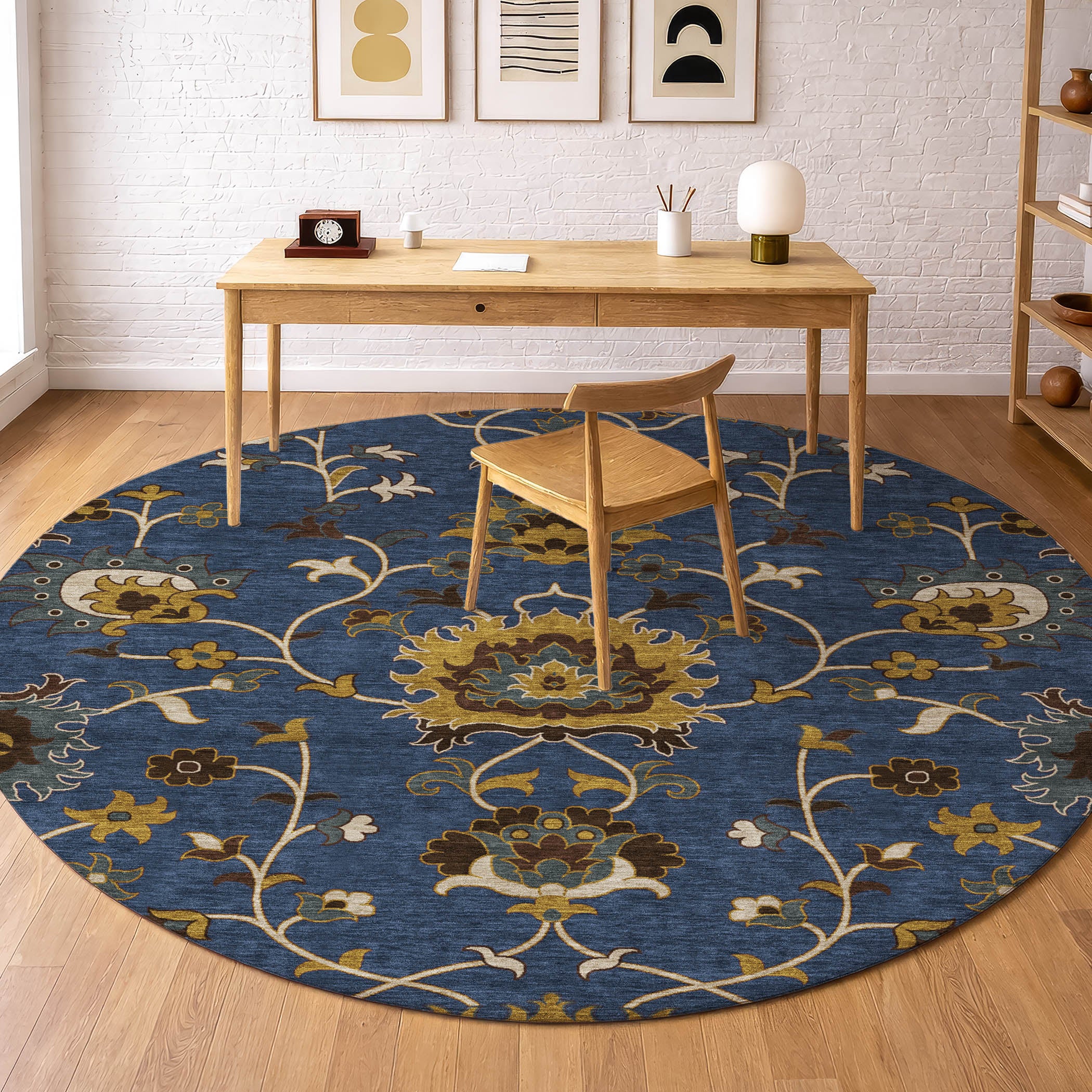 Bruges Machine Washable Traditional Navy Blue Rug 8' x 8' #shape_Round