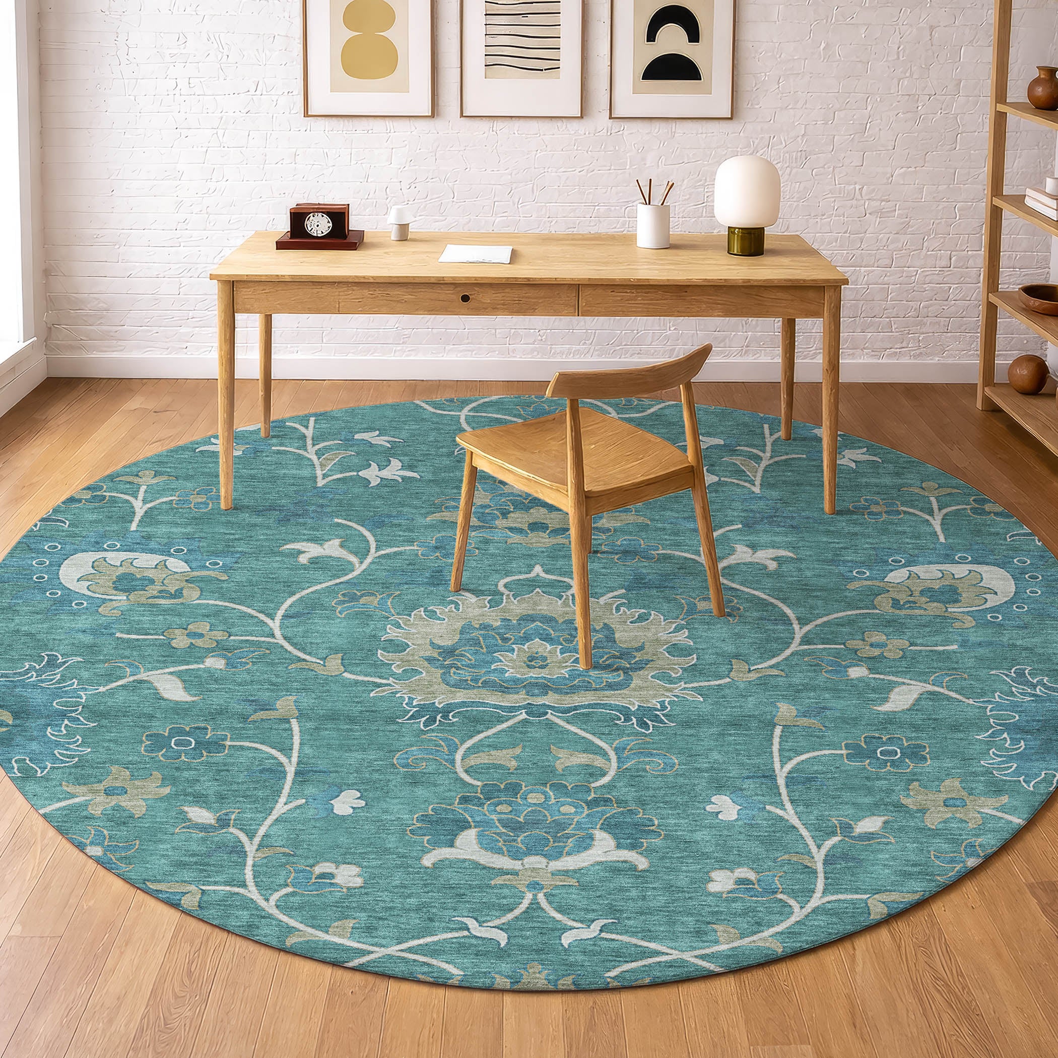 Bruges Machine Washable Traditional Teal Rug 8' x 8' #shape_Round