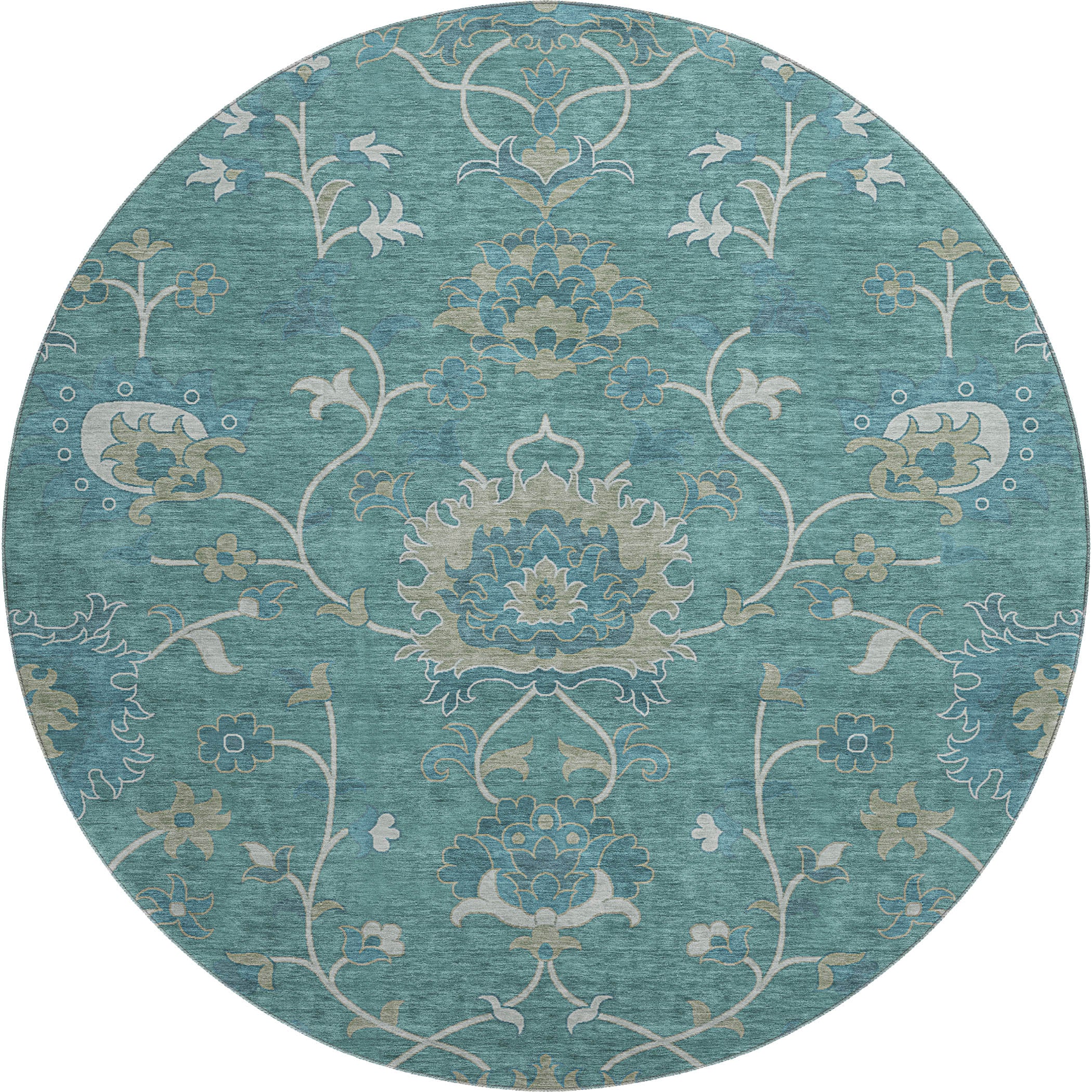 Bruges Machine Washable Traditional Teal Rug 8' x 8' #shape_Round