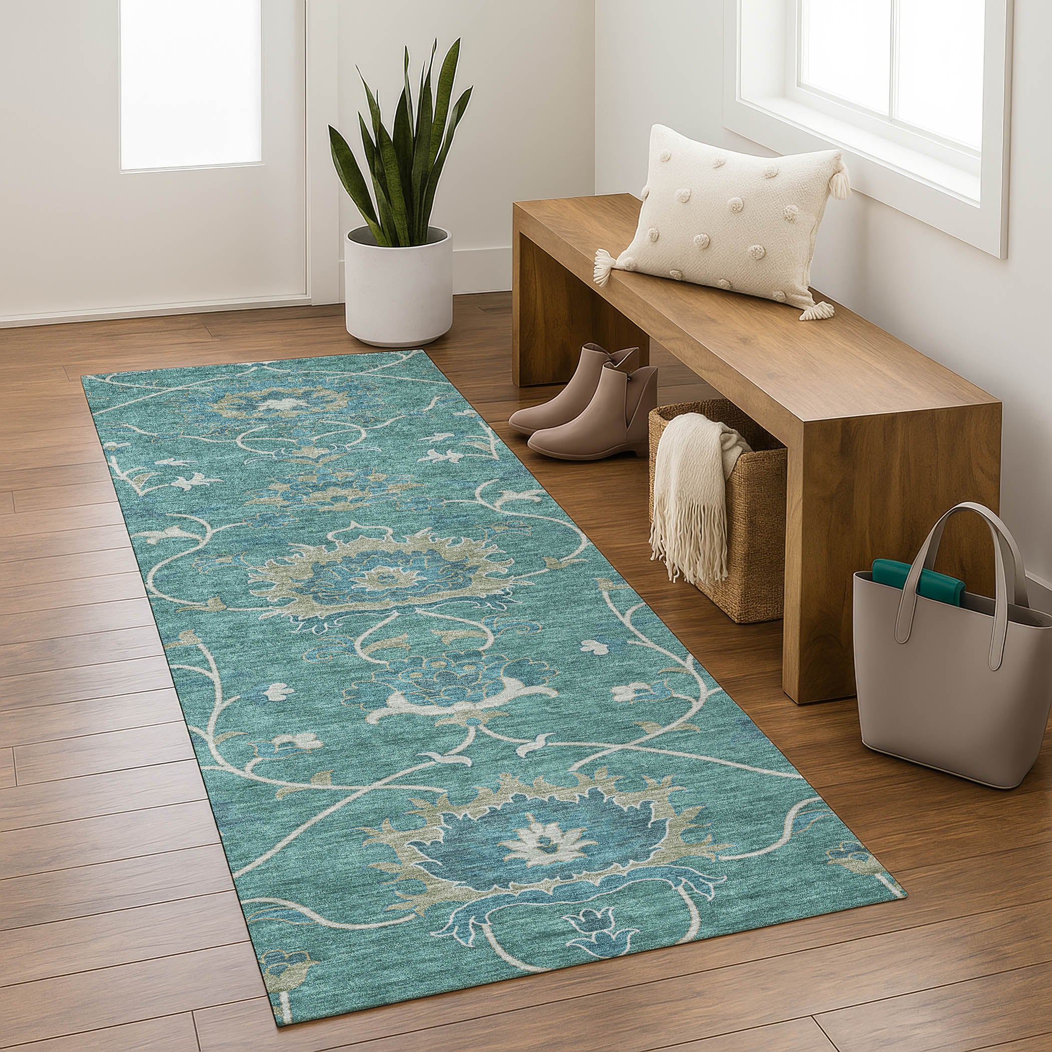 Bruges Machine Washable Traditional Teal Rug 2'3" x 7'6" #shape_Runner