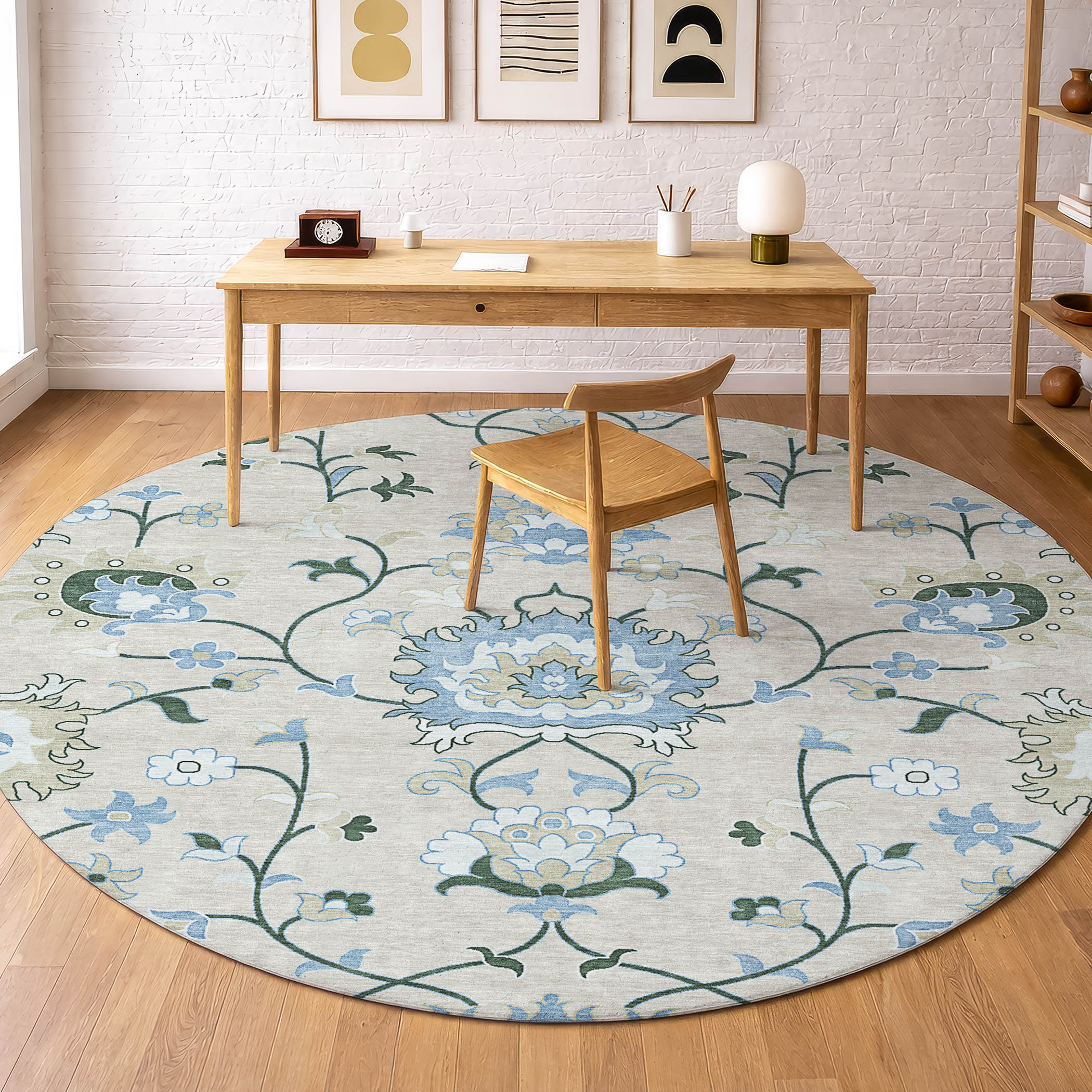 Cusco Machine Washable Traditional Beige Brown Rug 8' x 8' #shape_Round