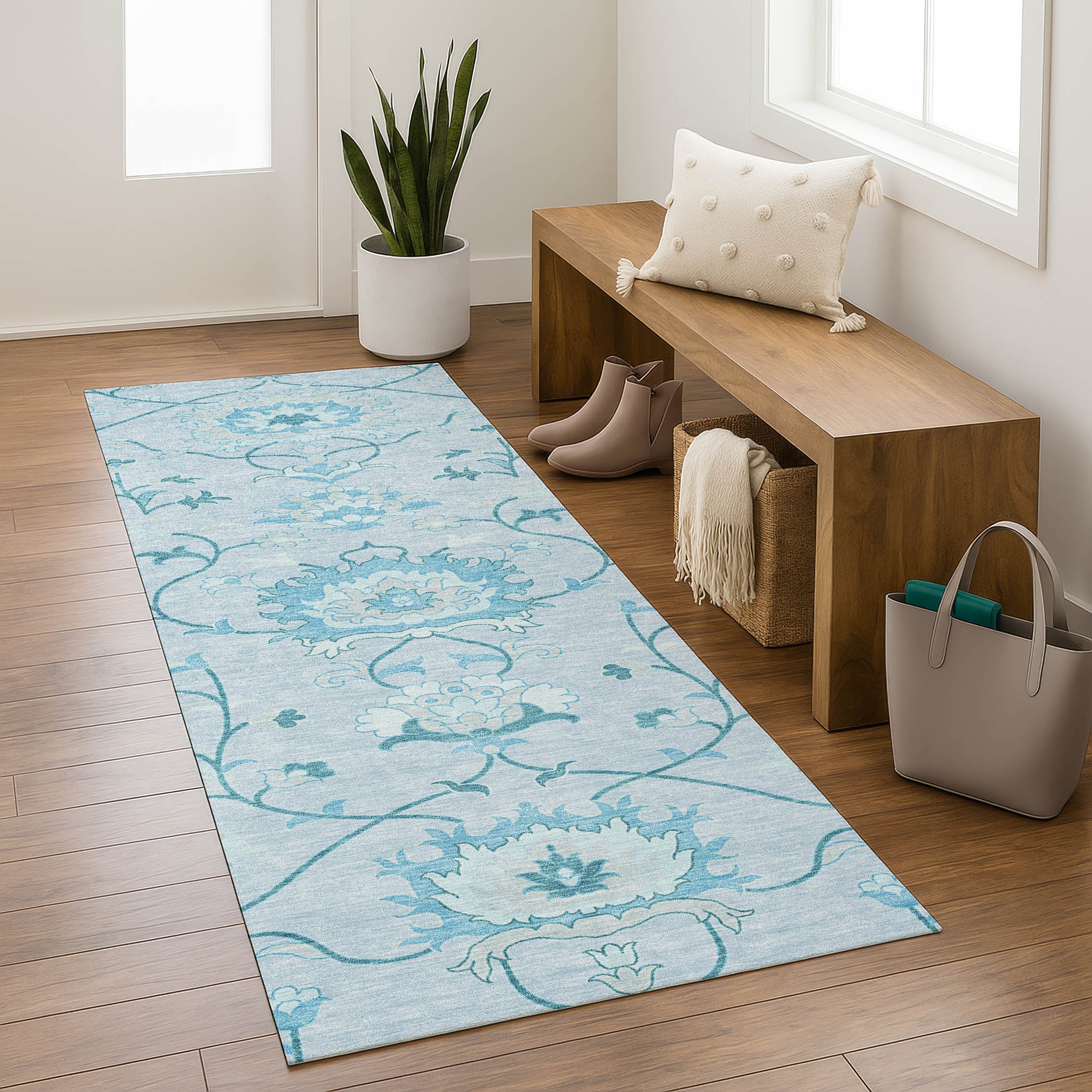 Cusco Machine Washable Traditional Sky Blue Rug 2'3" x 7'6" #shape_Runner