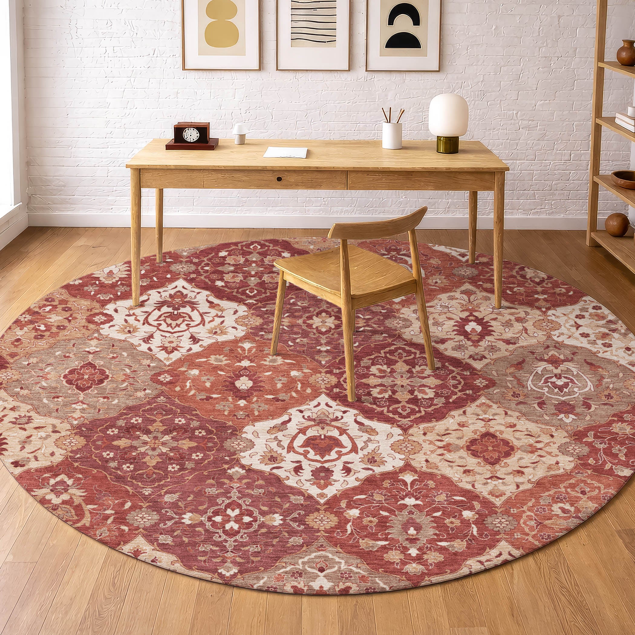 Oslo Machine Washable Transitional Brick Red Rug 8' x 8' #shape_Round