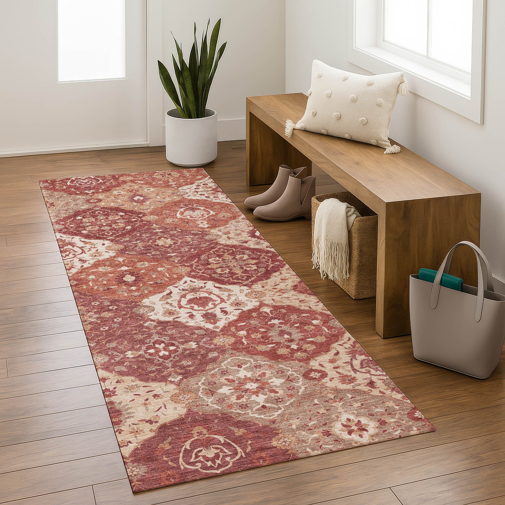 Oslo Machine Washable Transitional Brick Red Rug 2'3" x 7'6" #shape_Runner