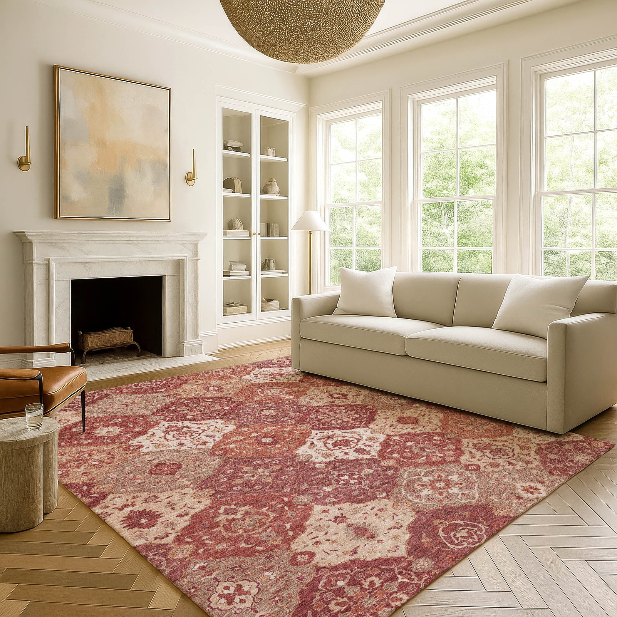 Oslo Machine Washable Transitional Brick Red Rug 3' x 5' #shape_Rectangle