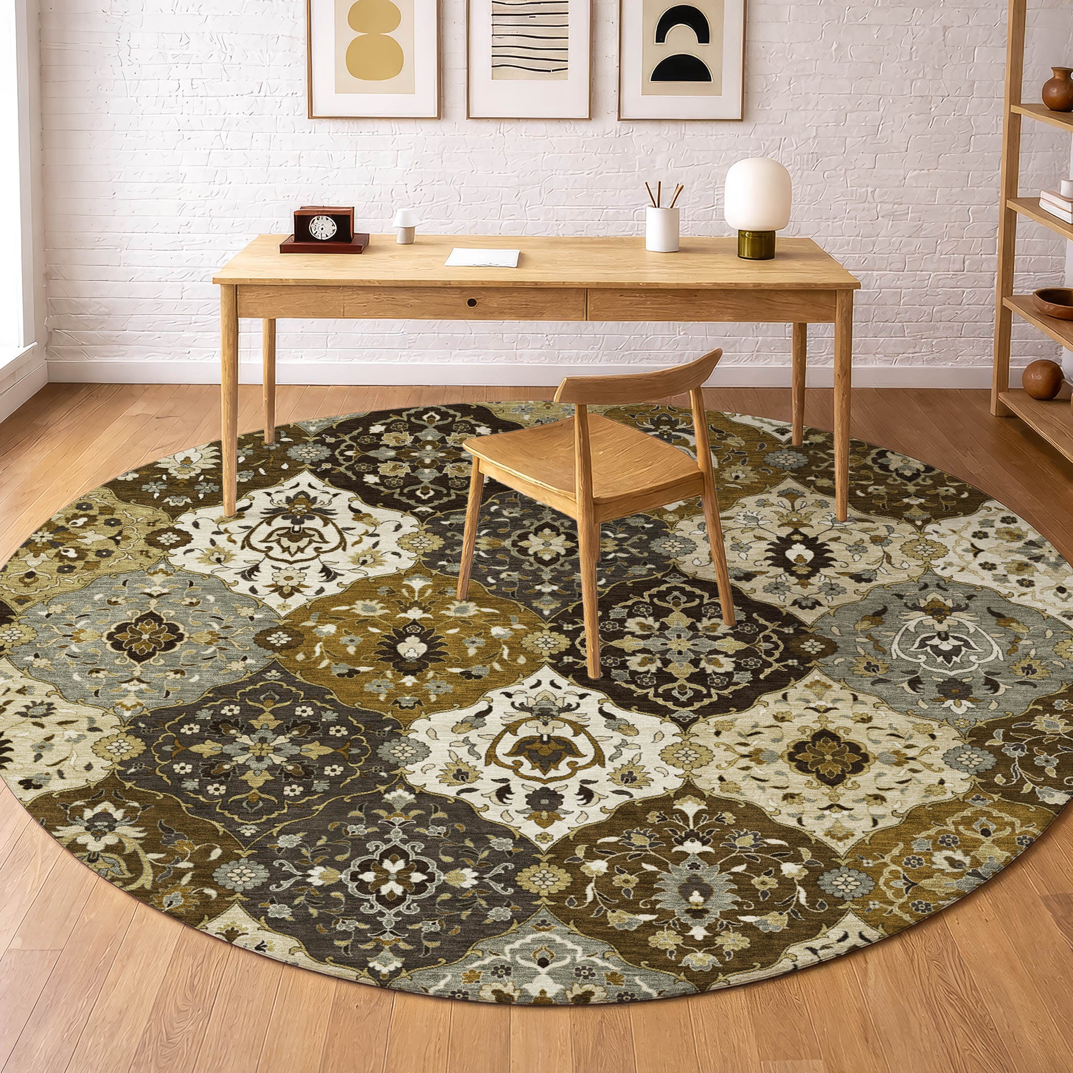 Oslo Machine Washable Transitional Brown Rug 8' x 8' #shape_Round