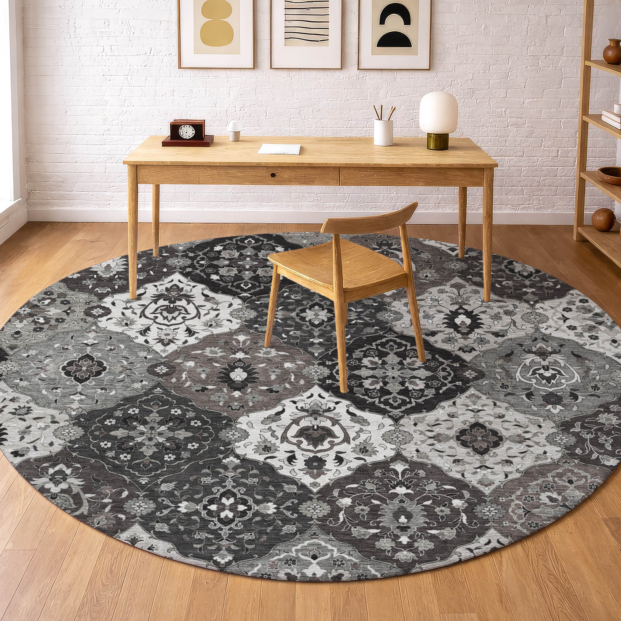 Oslo Machine Washable Transitional Gray Rug 8' x 8' #shape_Round