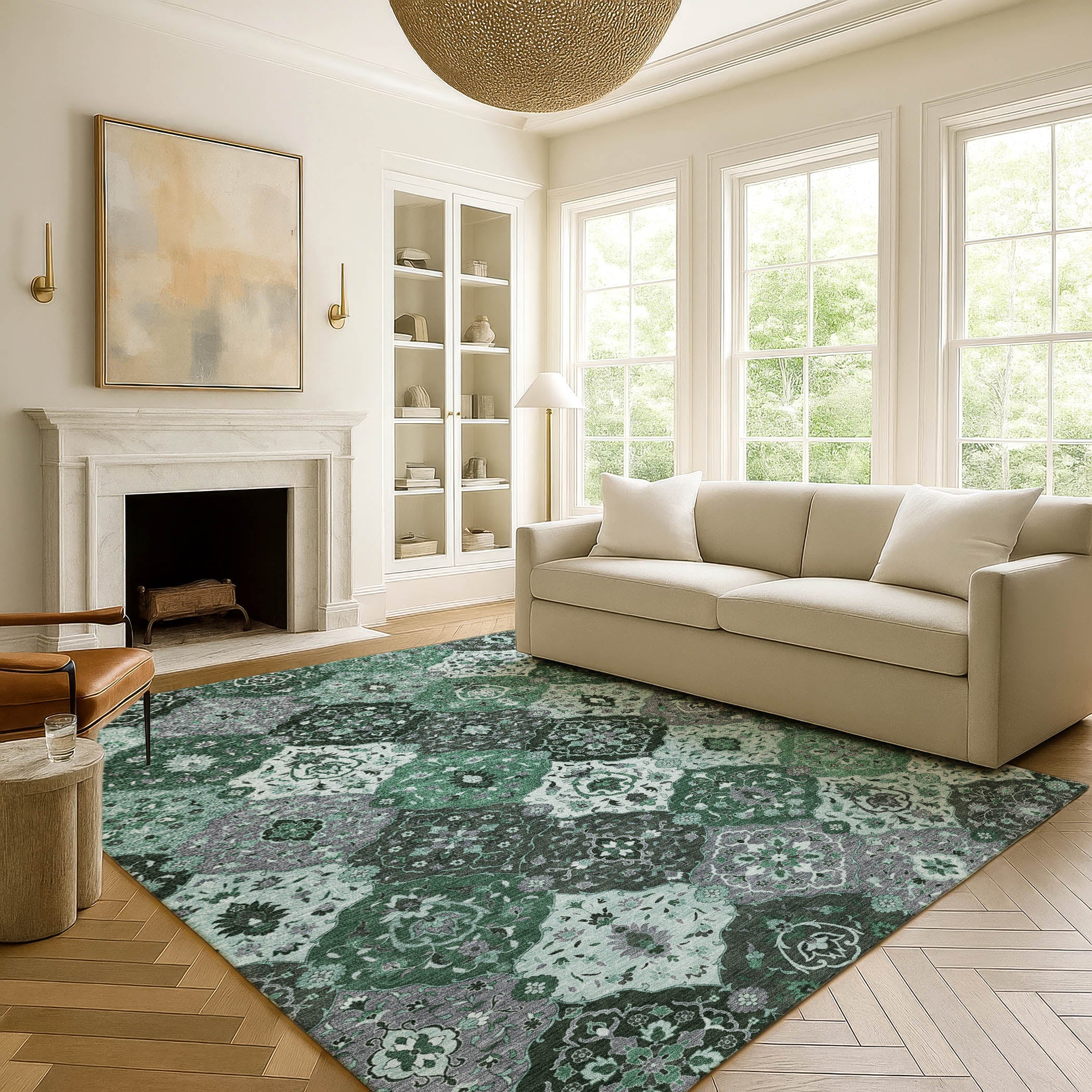 Oslo Machine Washable Transitional Green Rug 3' x 5' #shape_Rectangle