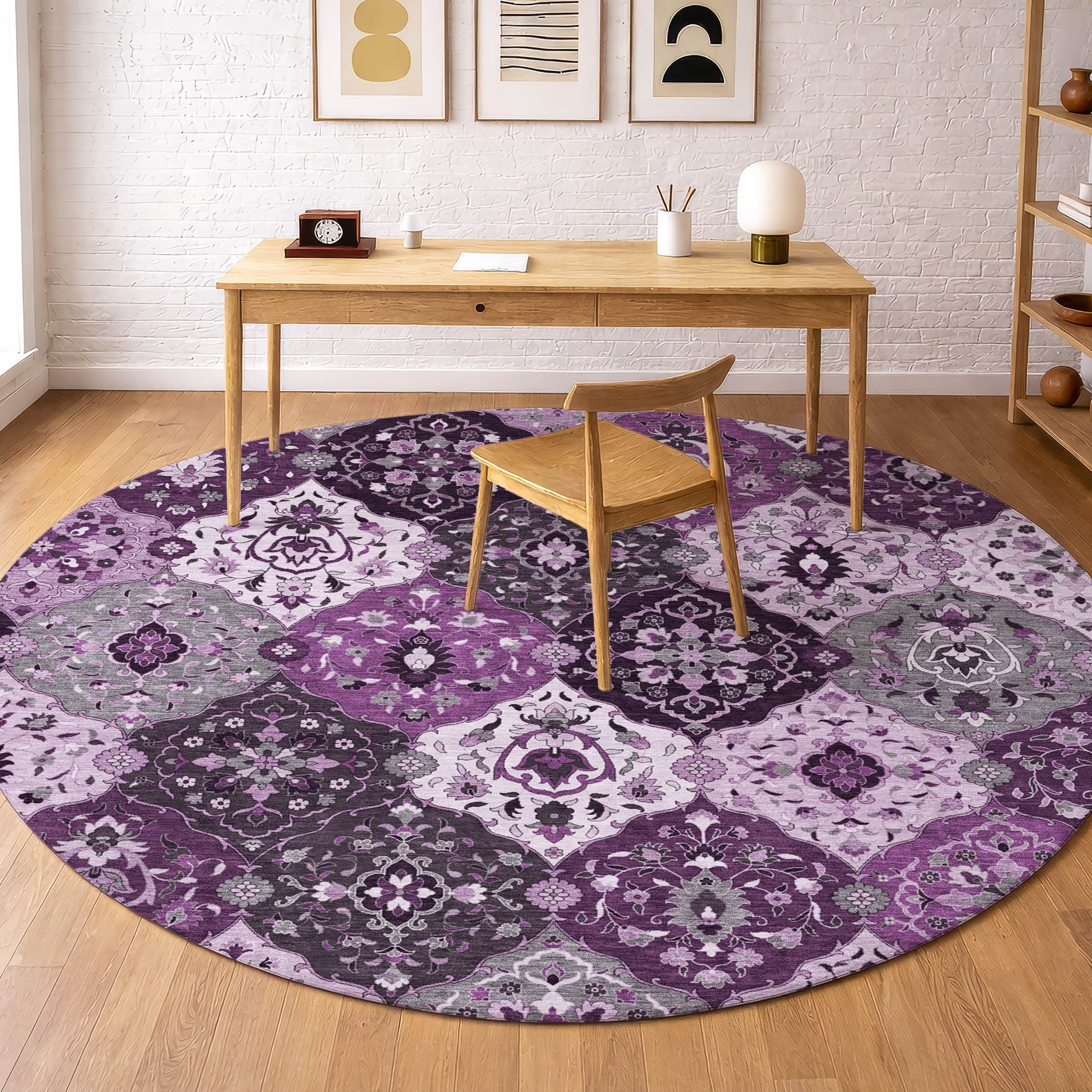 Oslo Machine Washable Transitional Purple Rug 8' x 8' #shape_Round