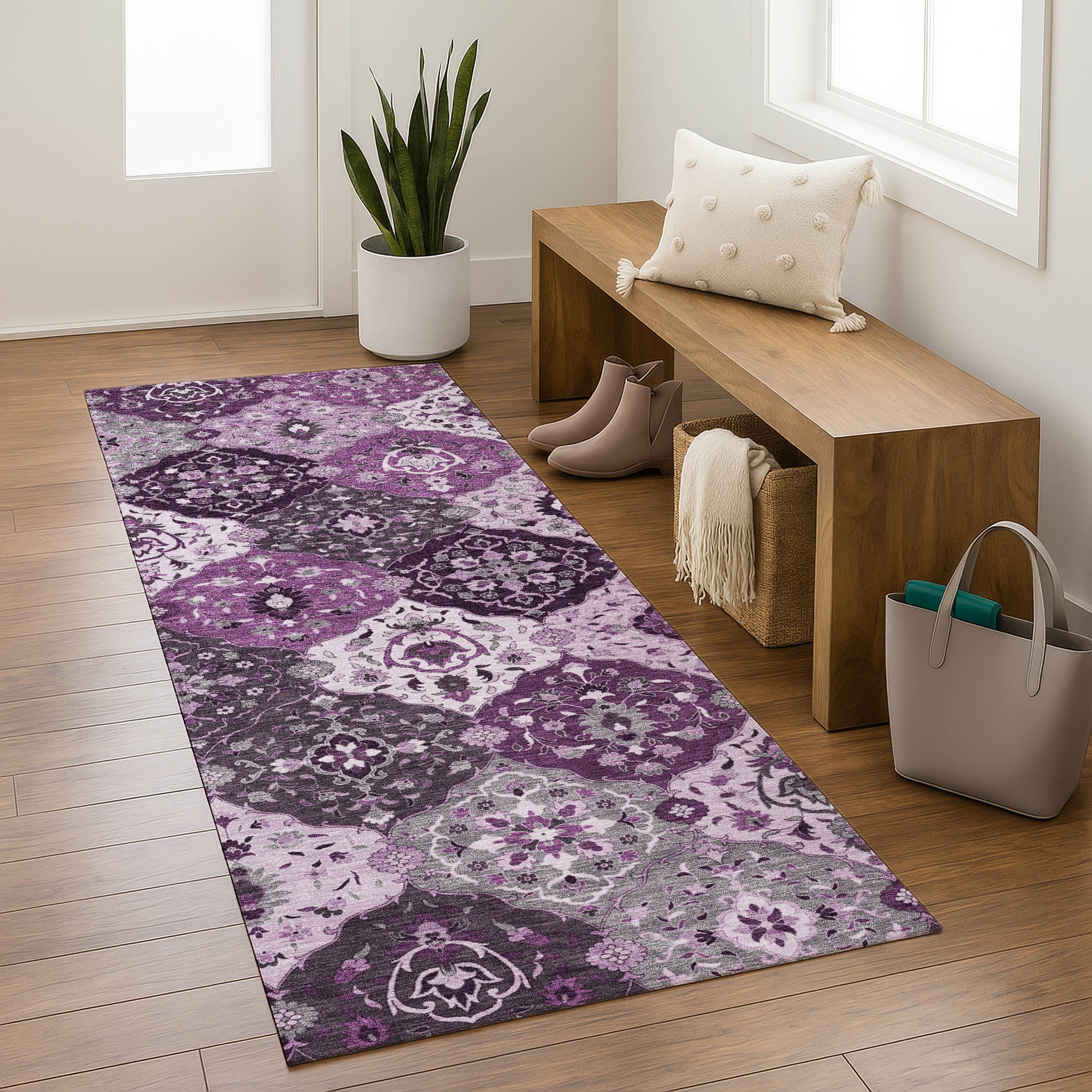 Oslo Machine Washable Transitional Purple Rug 2'3" x 7'6" #shape_Runner