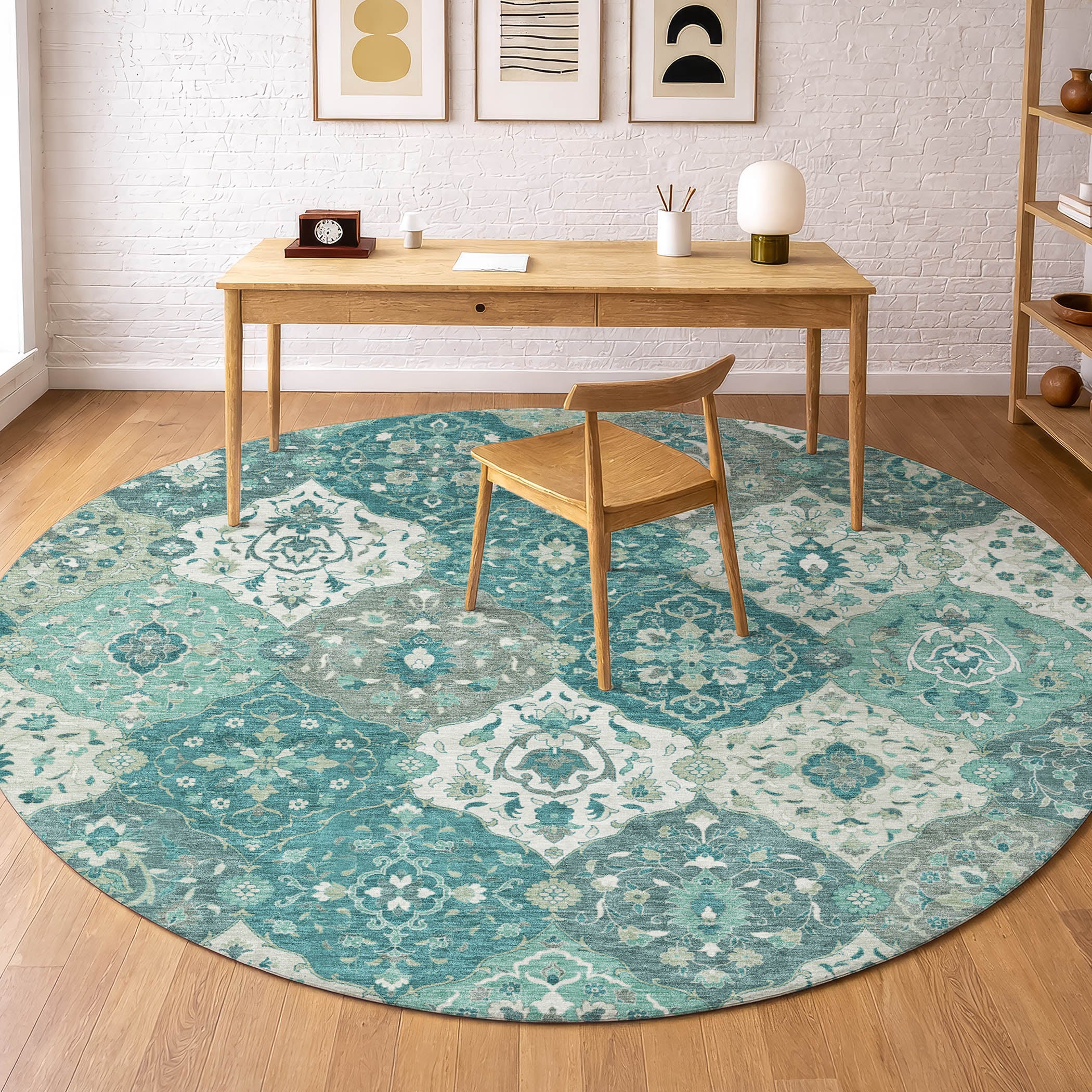 Oslo Machine Washable Transitional Teal Rug 8' x 8' #shape_Round