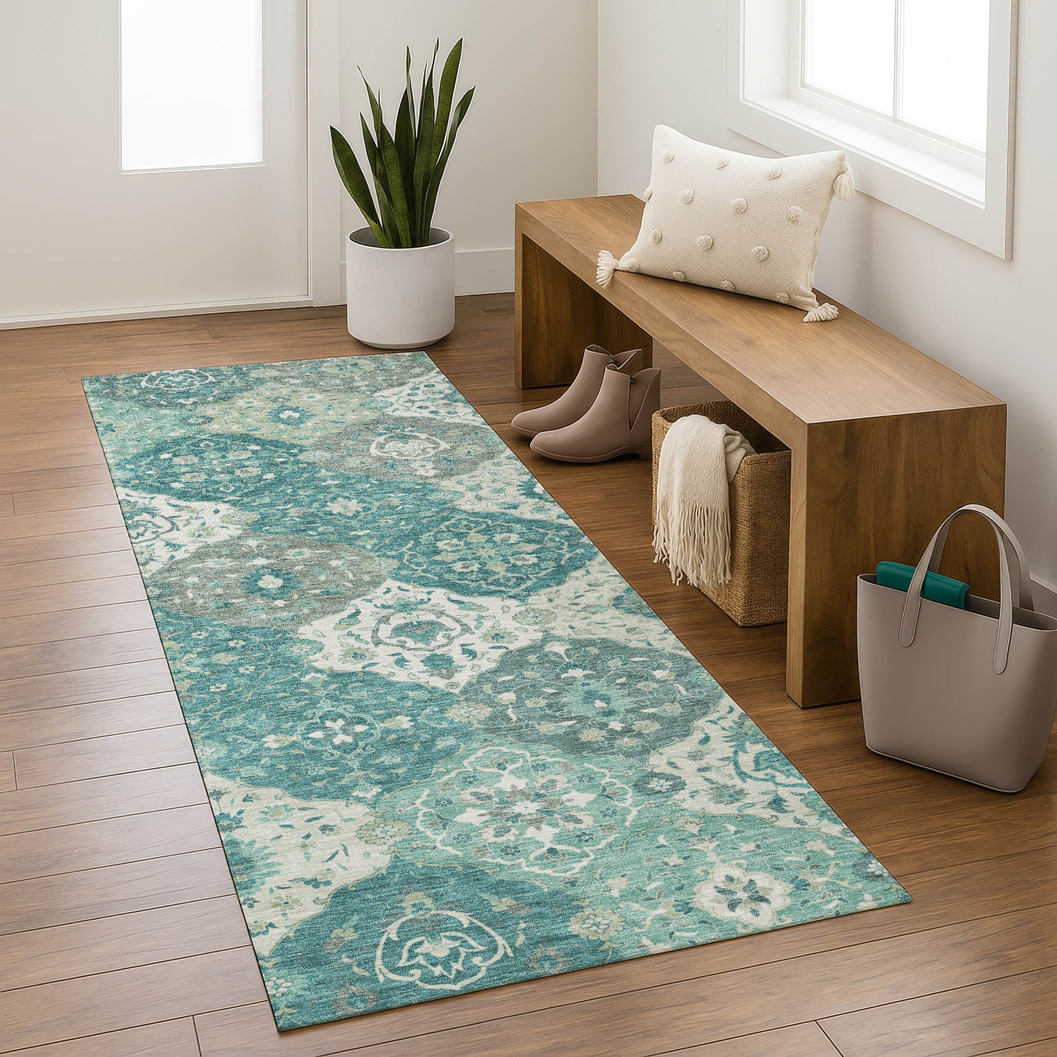 Oslo Machine Washable Transitional Teal Rug 2'3" x 7'6" #shape_Runner