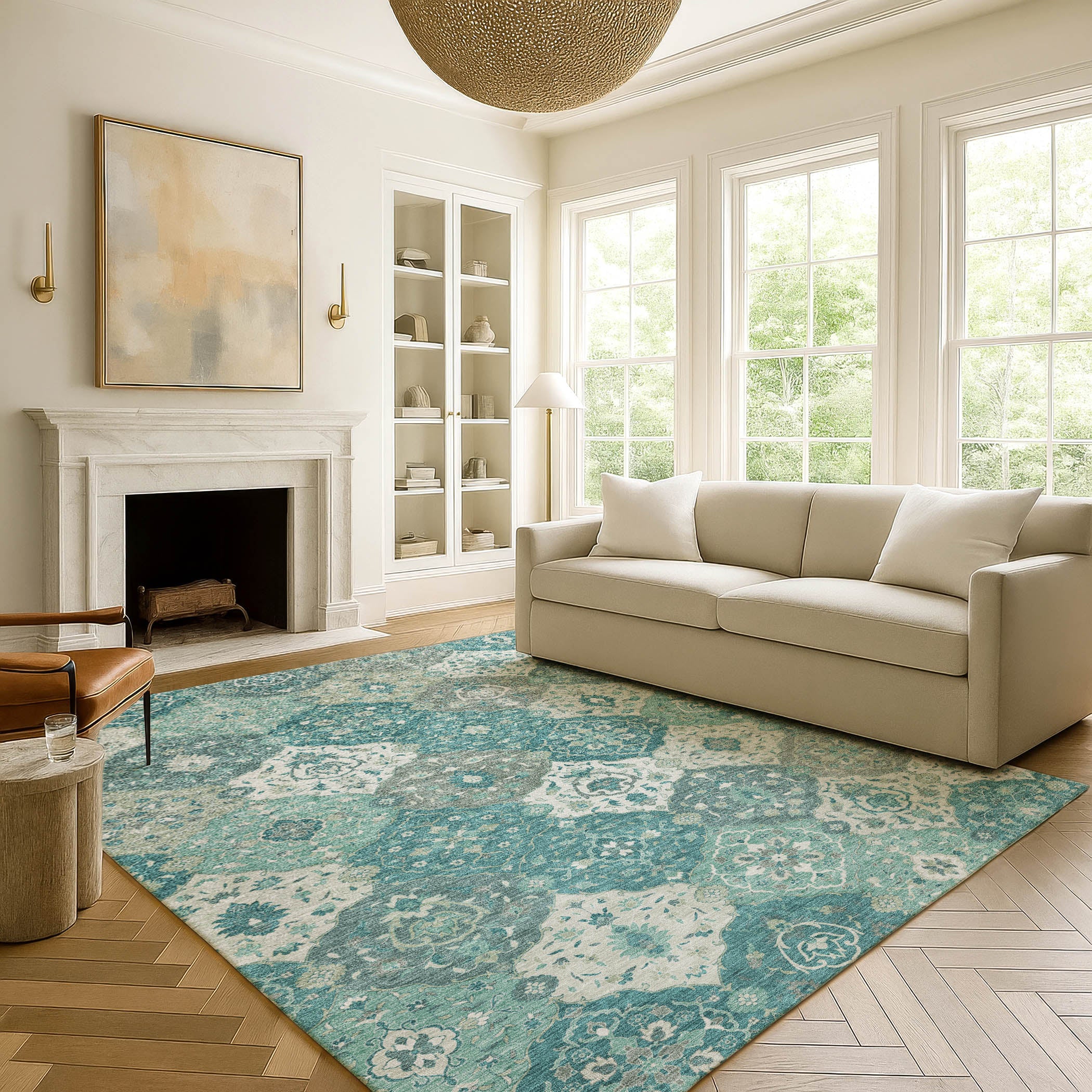 Oslo Machine Washable Transitional Teal Rug 3' x 5' #shape_Rectangle