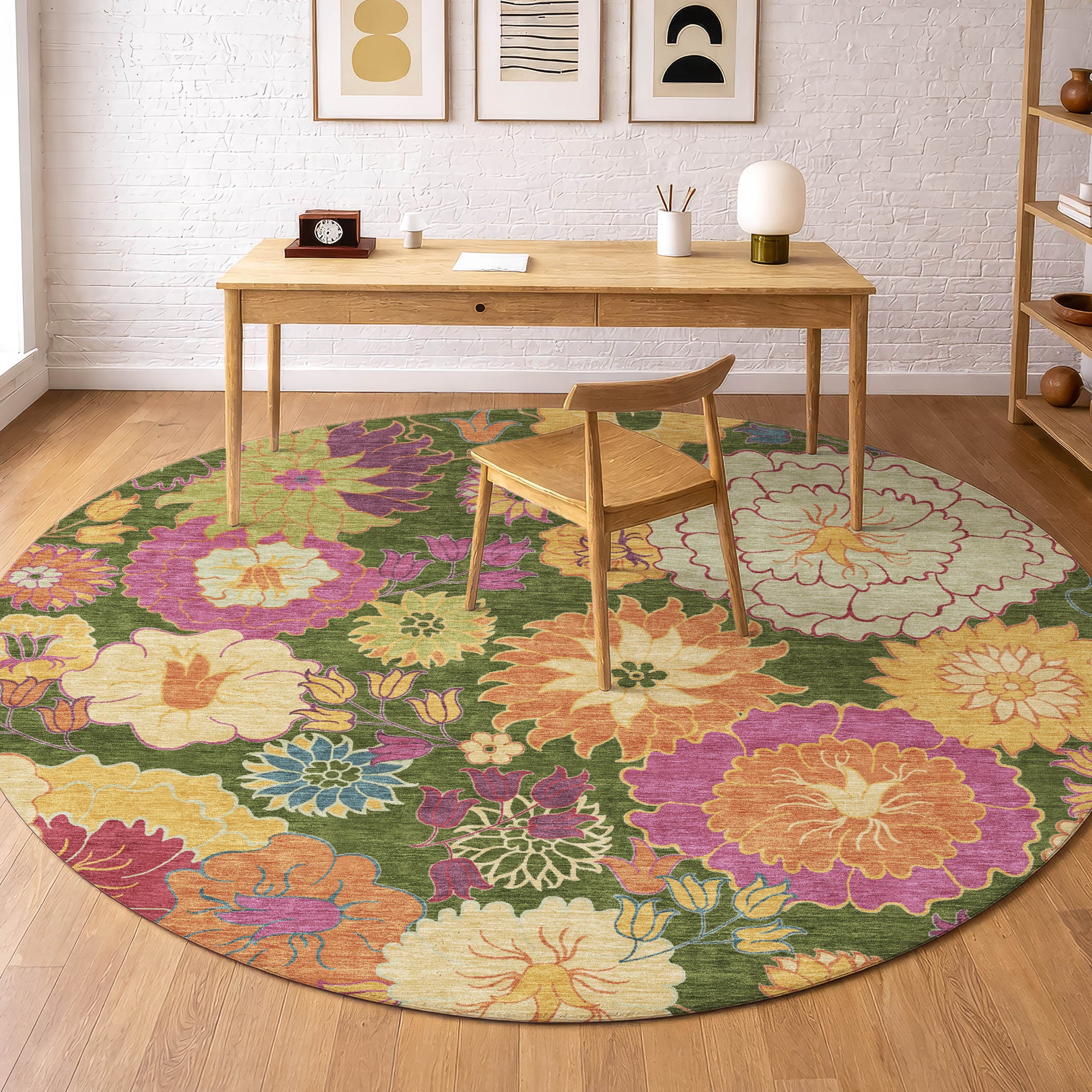 Bangkok Machine Washable Transitional Aloe Green Rug 8' x 8' #shape_Round
