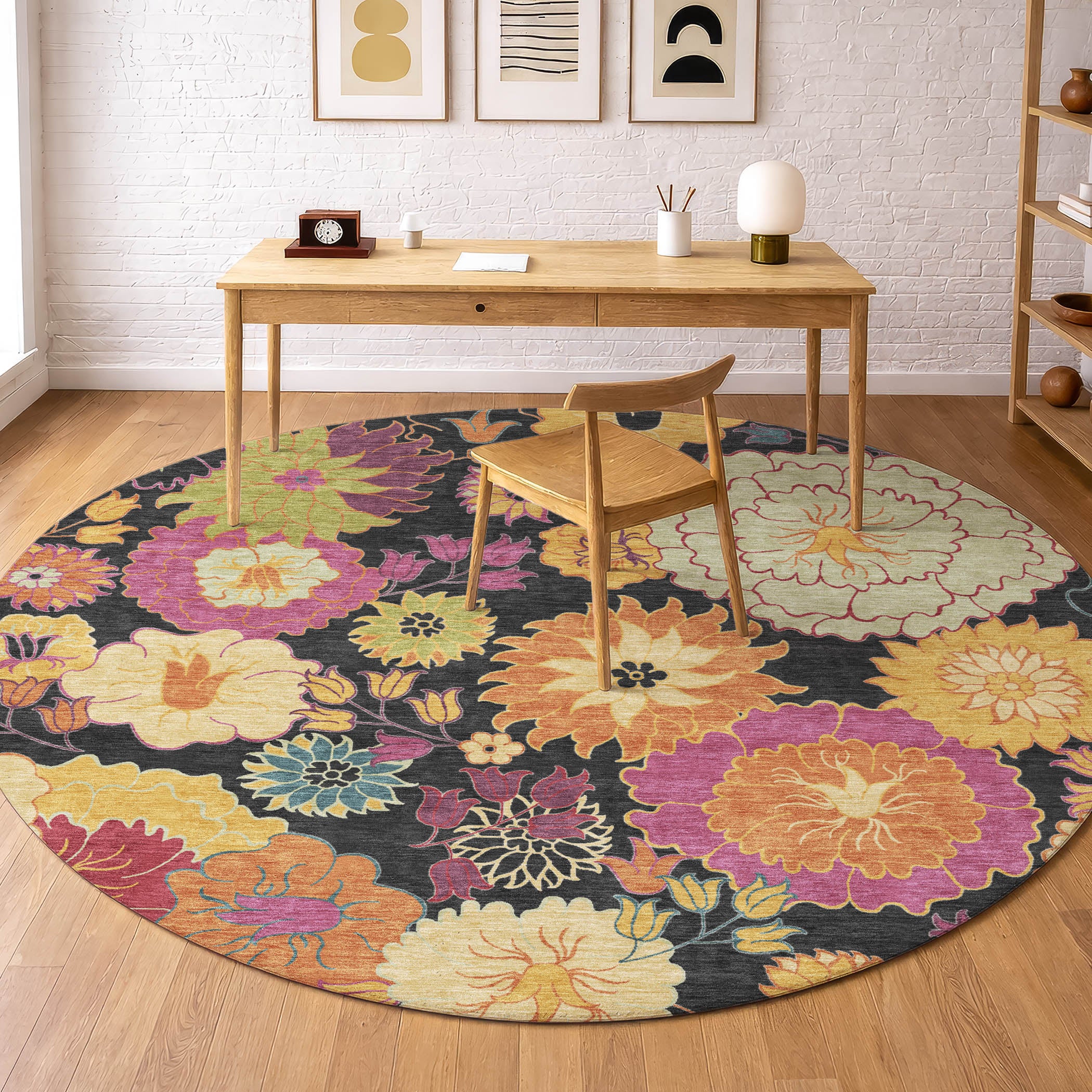 Bangkok Machine Washable Transitional Black Rug 8' x 8' #shape_Round