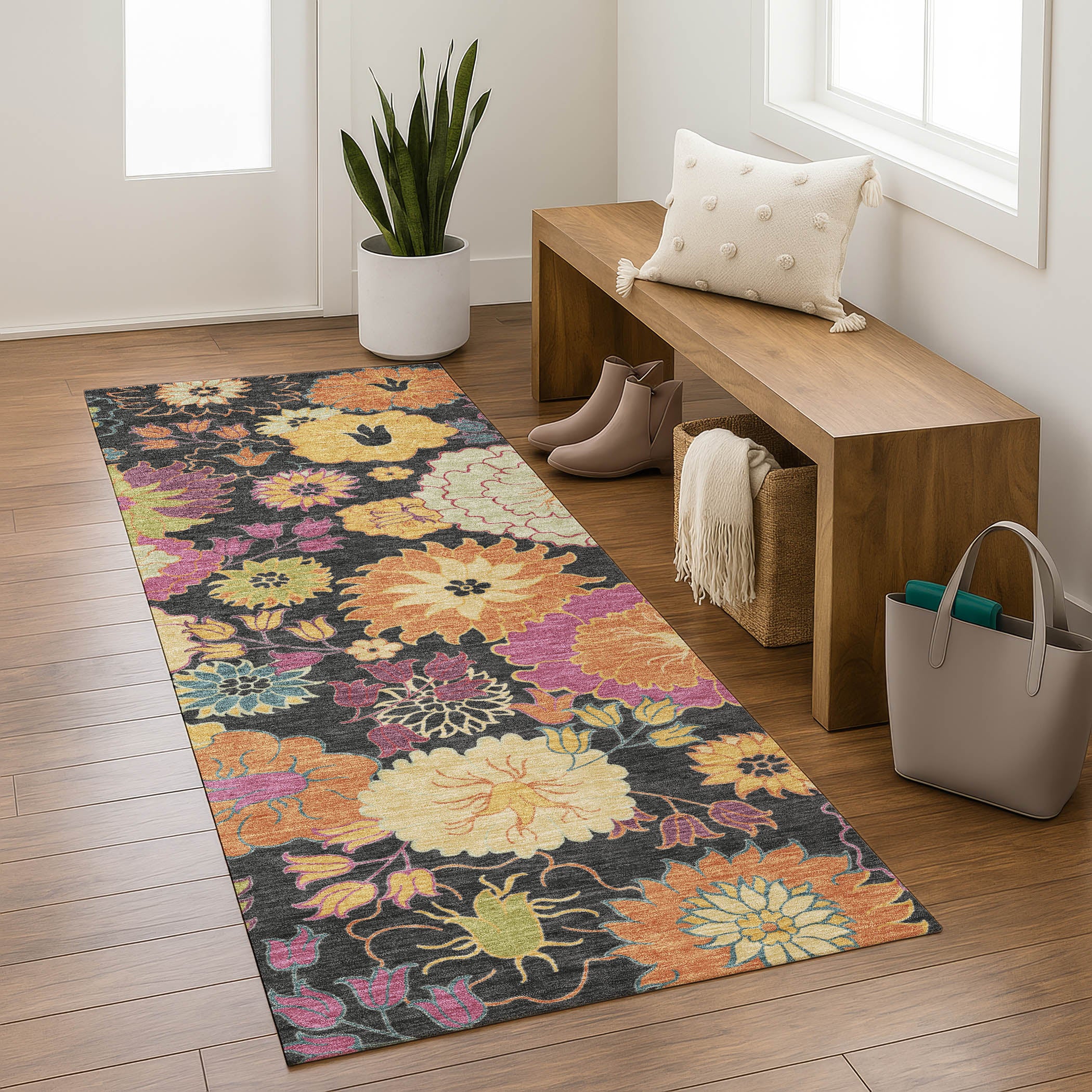 Bangkok Machine Washable Transitional Black Rug 2'3" x 7'6" #shape_Runner