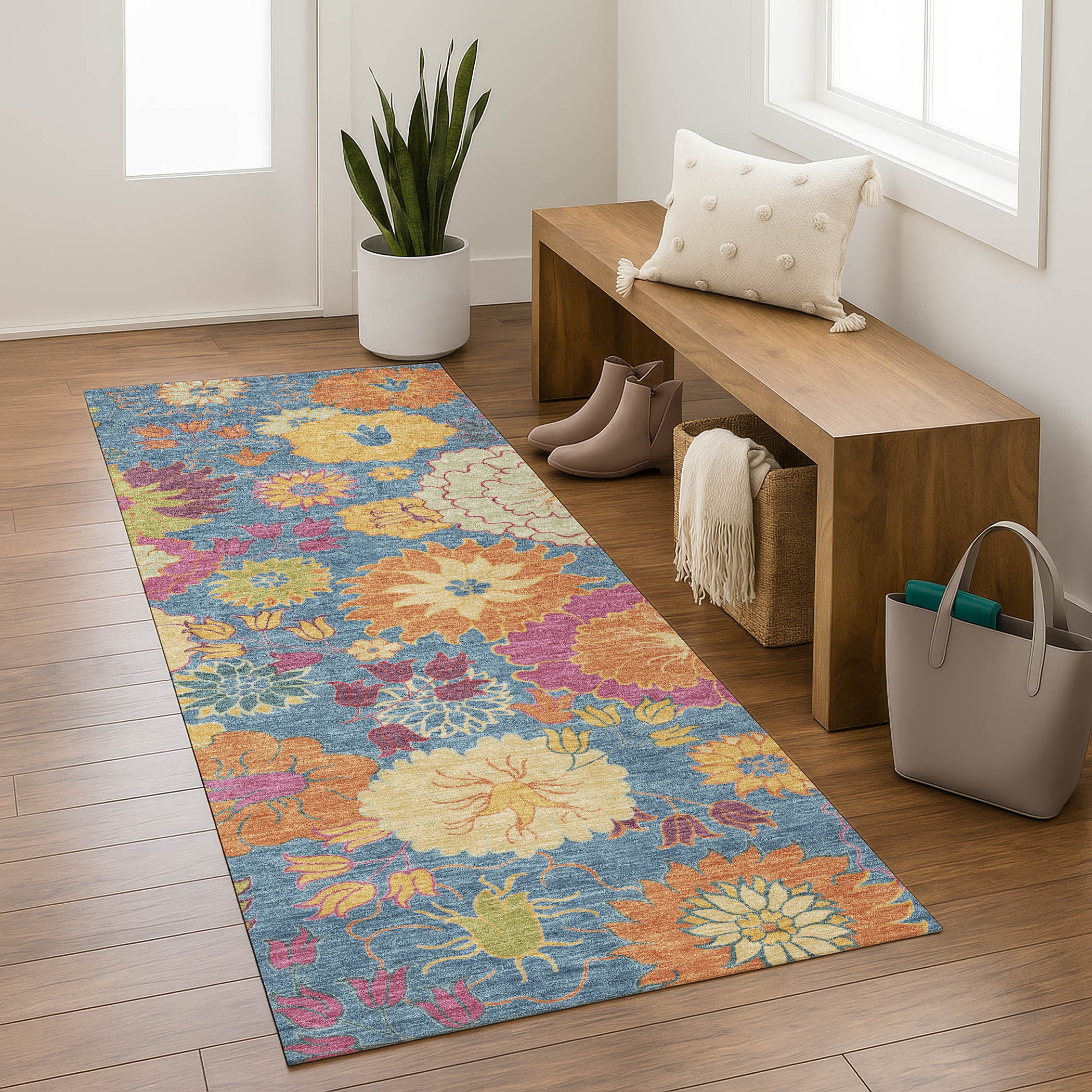 Bangkok Machine Washable Transitional Blue Rug 2'3" x 7'6" #shape_Runner
