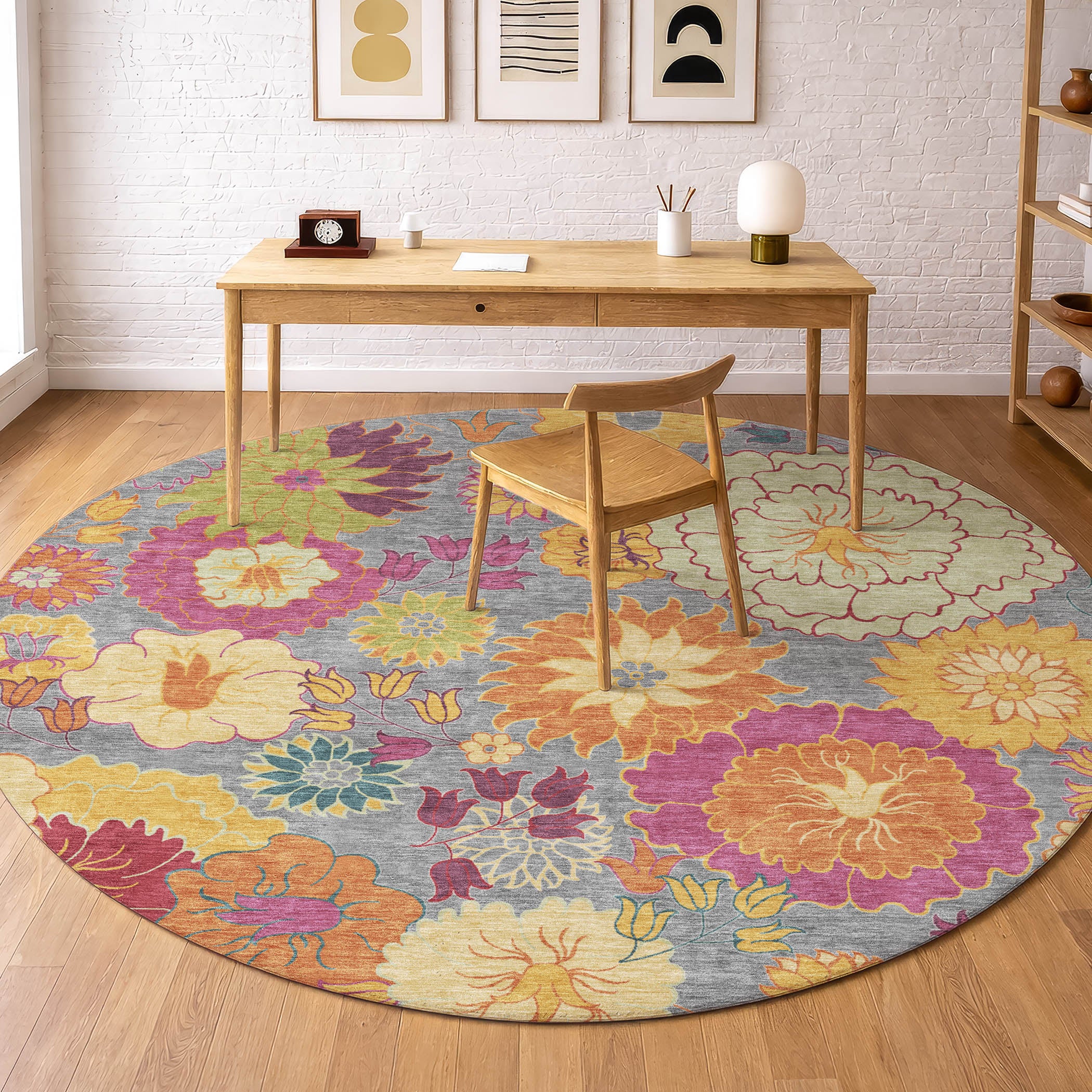 Bangkok Machine Washable Transitional Gray Rug 8' x 8' #shape_Round