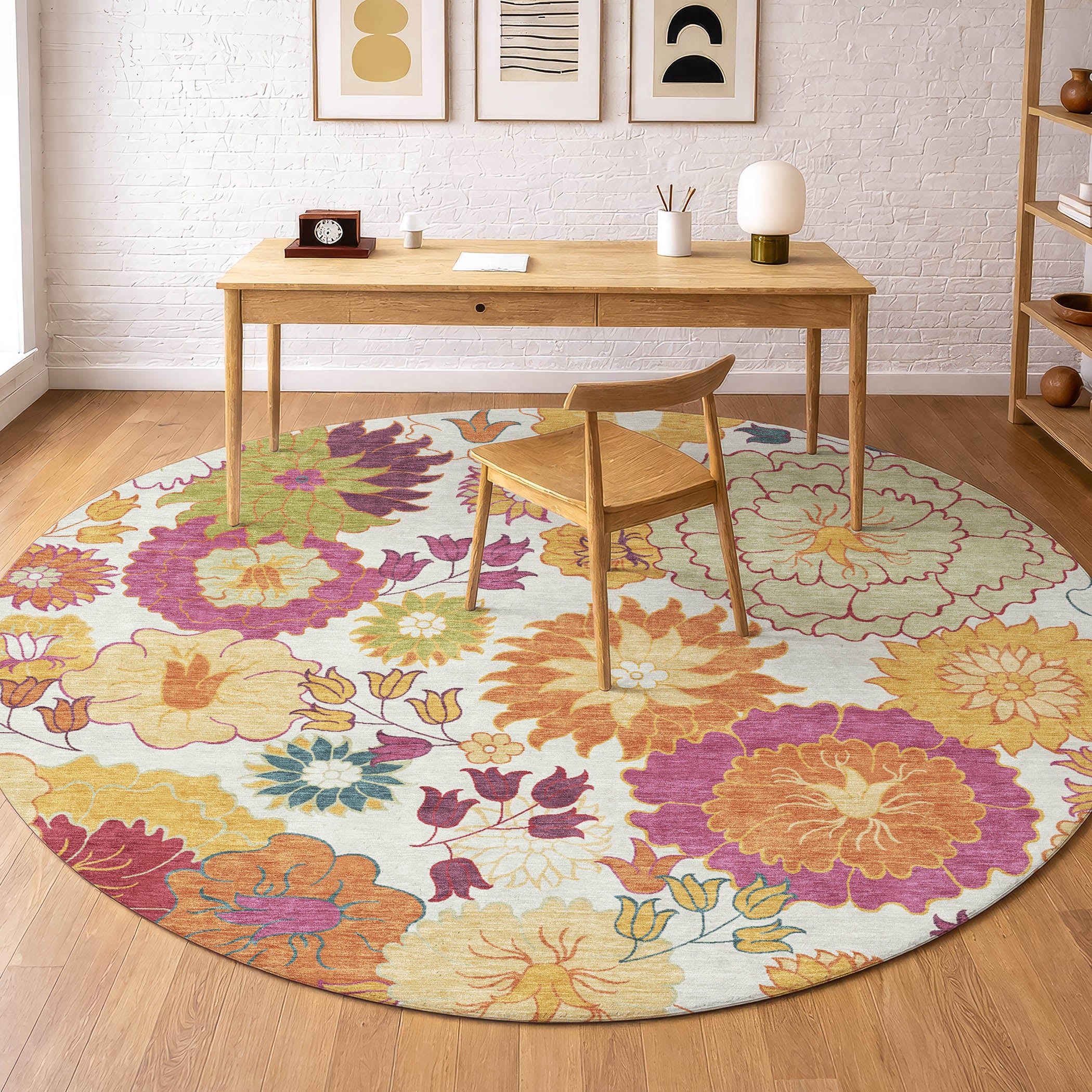 Bangkok Machine Washable Transitional Ivory Rug 8' x 8' #shape_Round