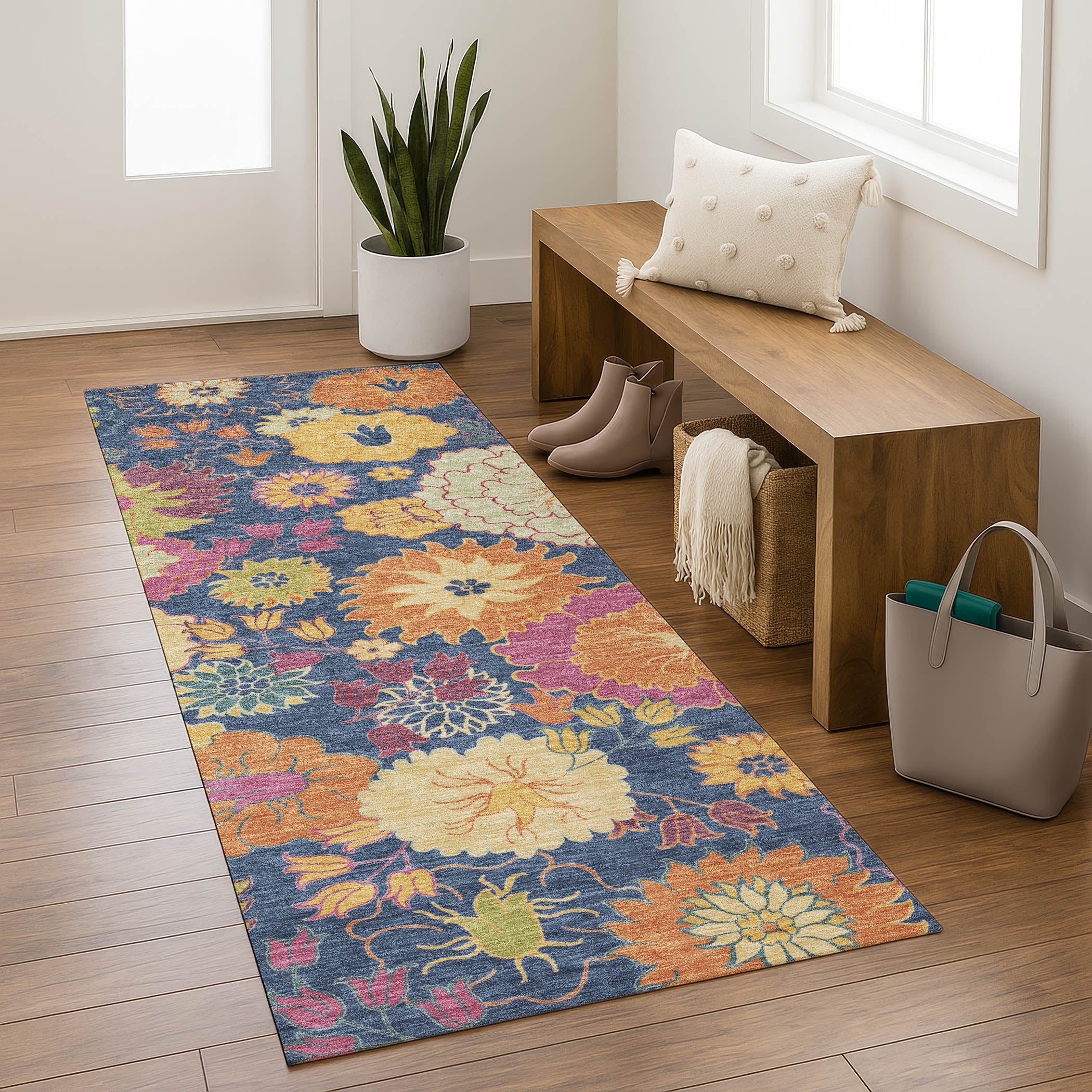 Bangkok Machine Washable Transitional Navy Blue Rug 2'3" x 7'6" #shape_Runner