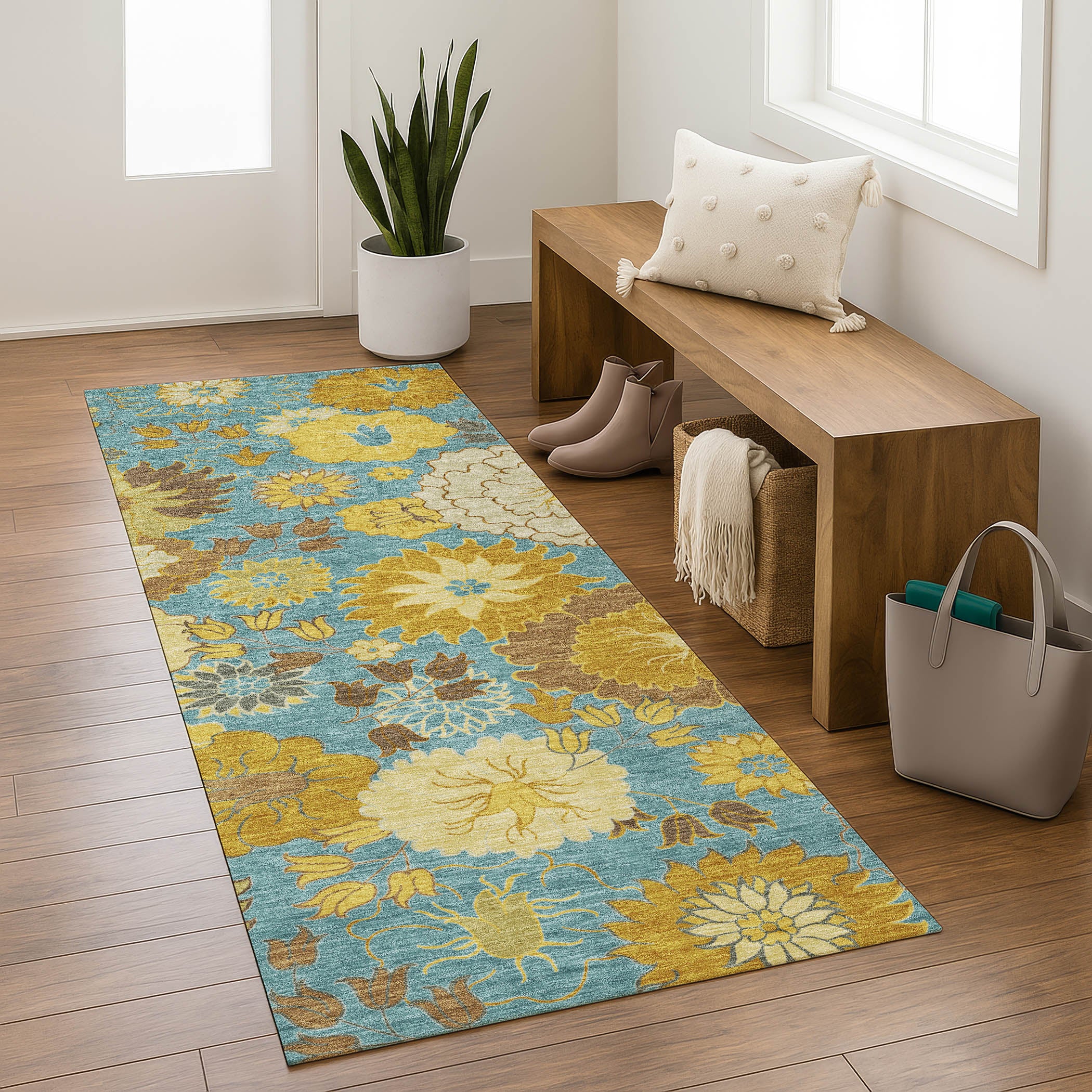 Istanbul Machine Washable Transitional Aqua Teal Rug 2'3" x 7'6" #shape_Runner