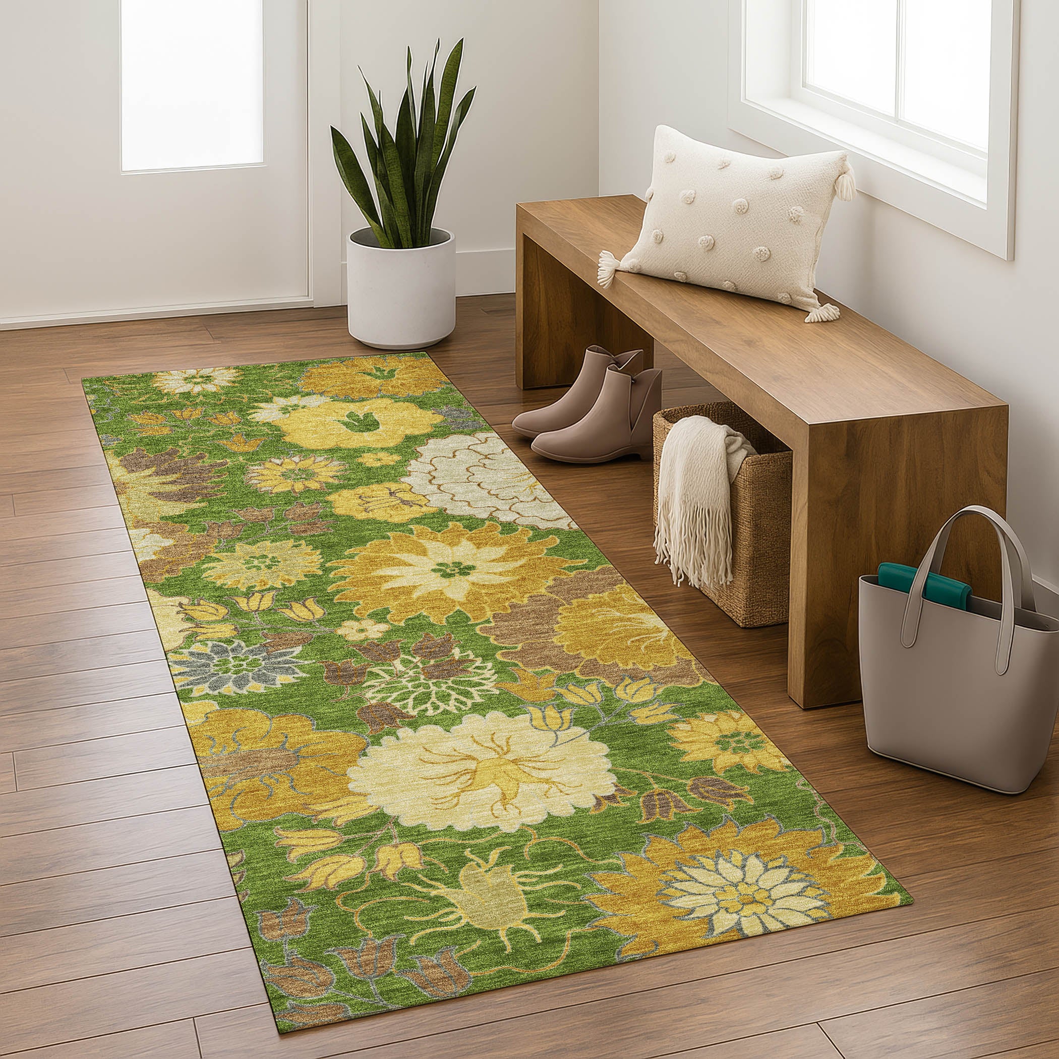 Istanbul Machine Washable Transitional Fern Green Rug 2'3" x 7'6" #shape_Runner