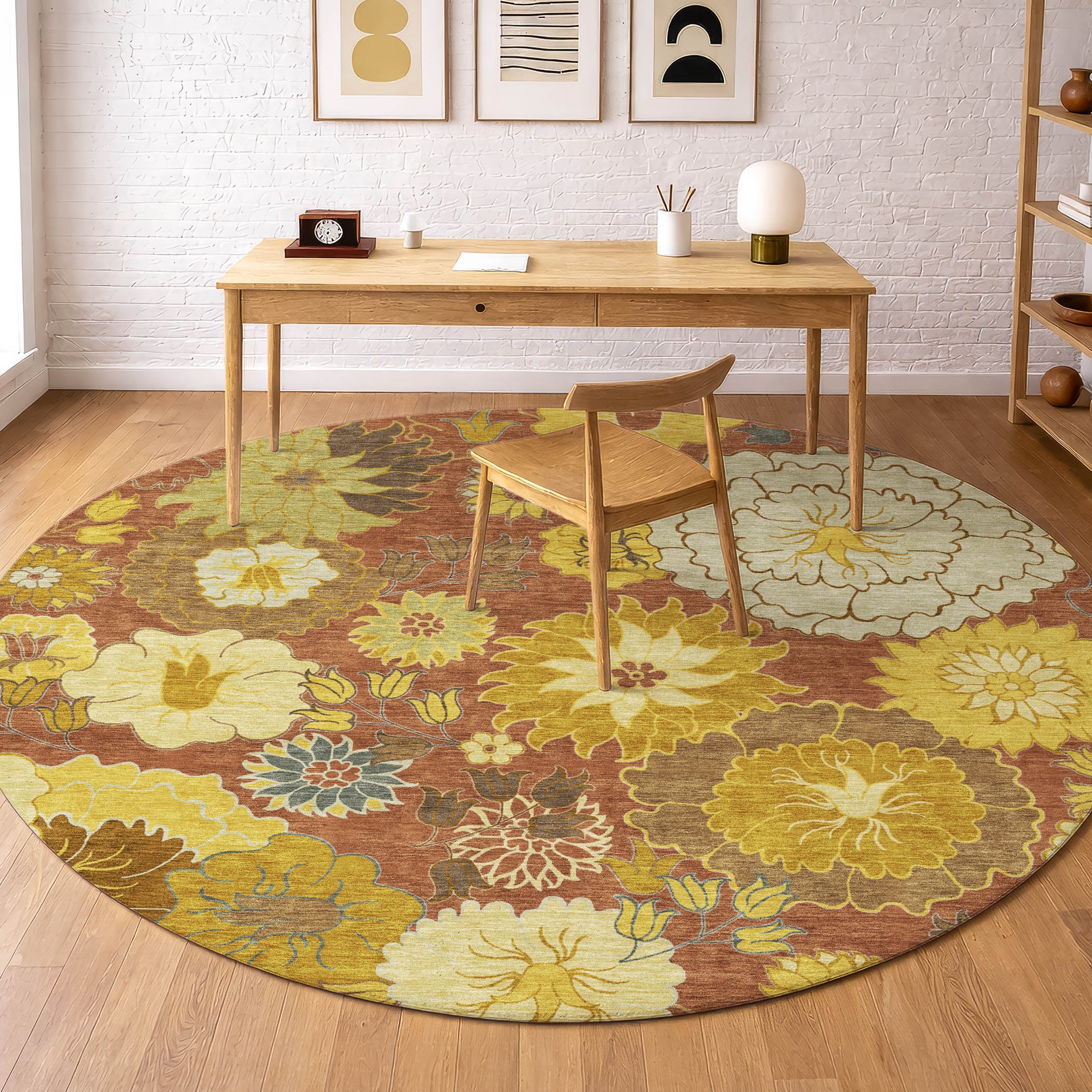 Istanbul Machine Washable Transitional Terracotta Orange Rug 8' x 8' #shape_Round