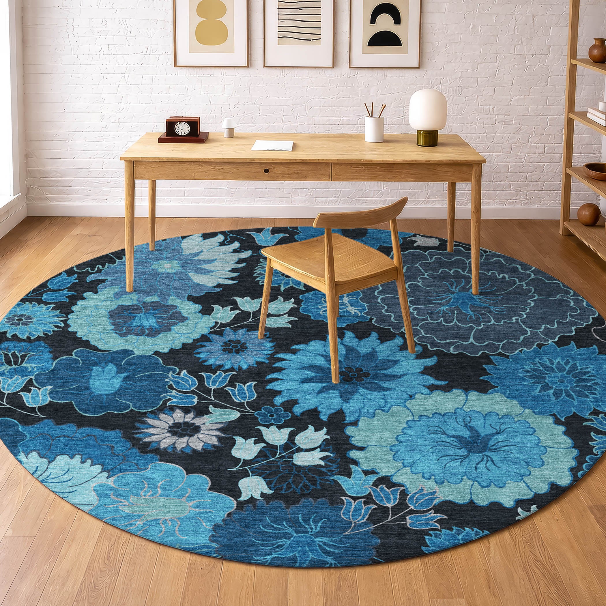 Luang Prabang Machine Washable Transitional Blue Rug 8' x 8' #shape_Round