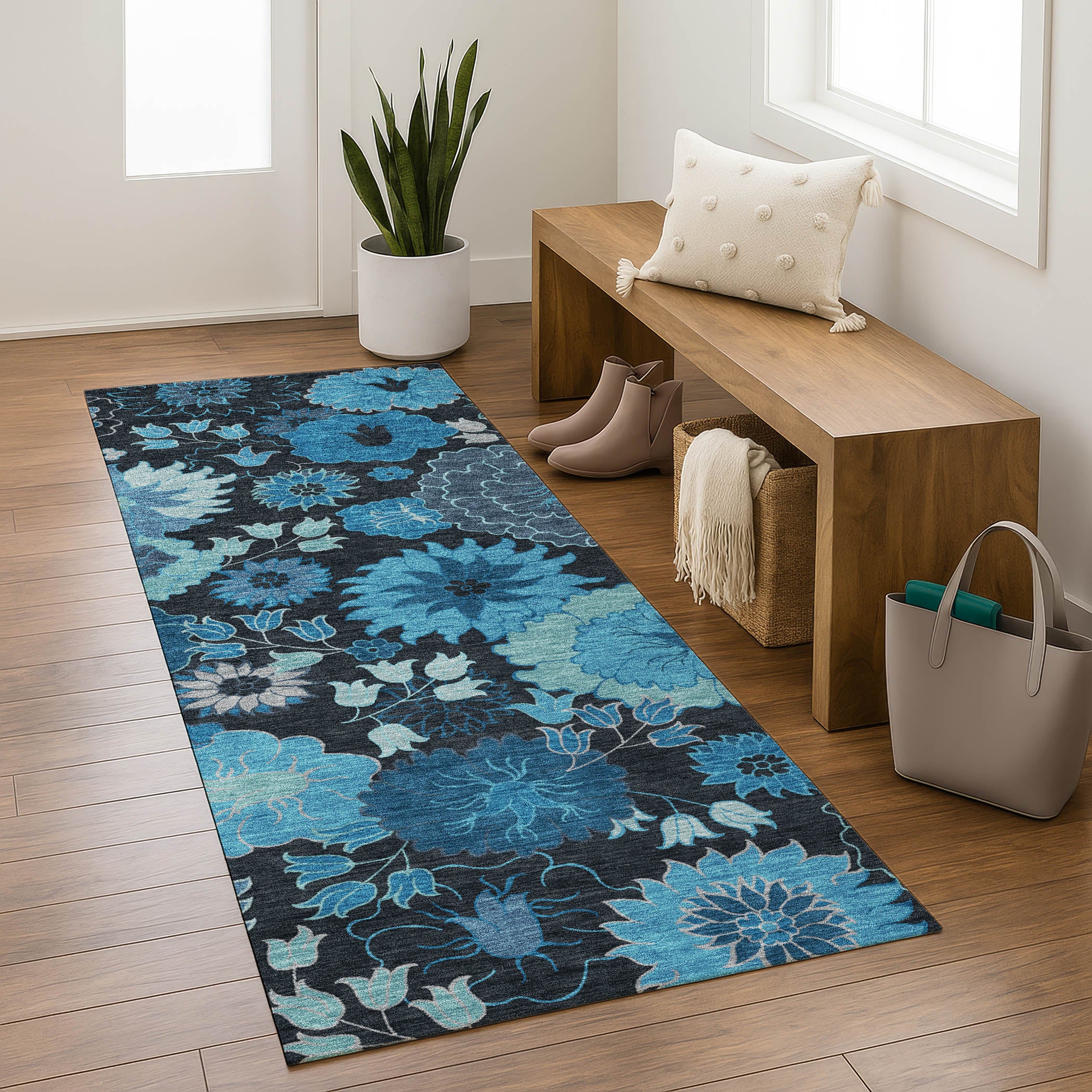 Luang Prabang Machine Washable Transitional Blue Rug 2'3" x 7'6" #shape_Runner