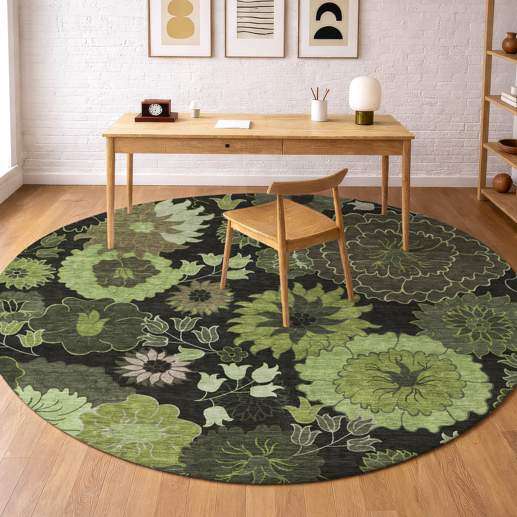Luang Prabang Machine Washable Transitional Green Rug 8' x 8' #shape_Round