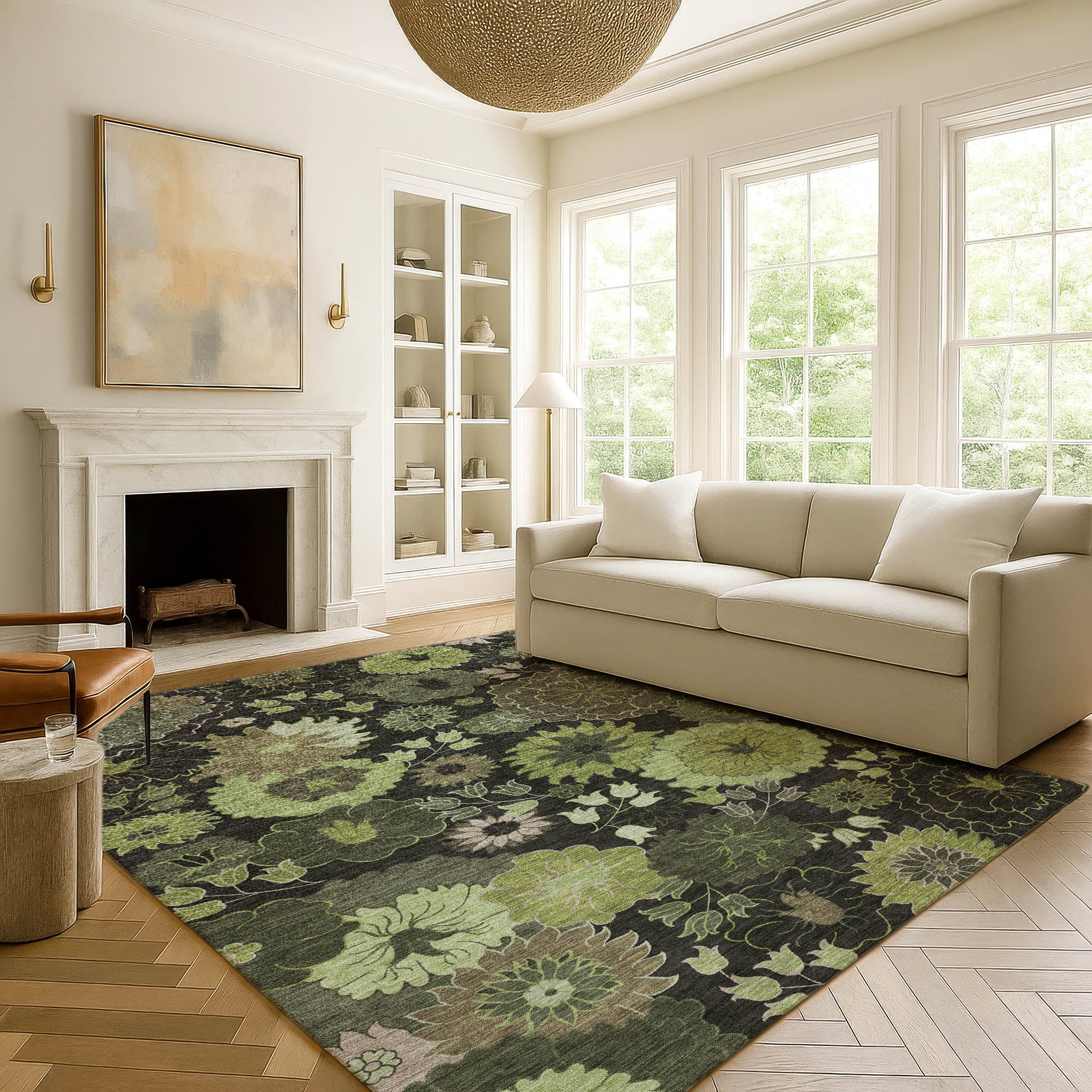 Luang Prabang Machine Washable Transitional Green Rug 3' x 5' #shape_Rectangle