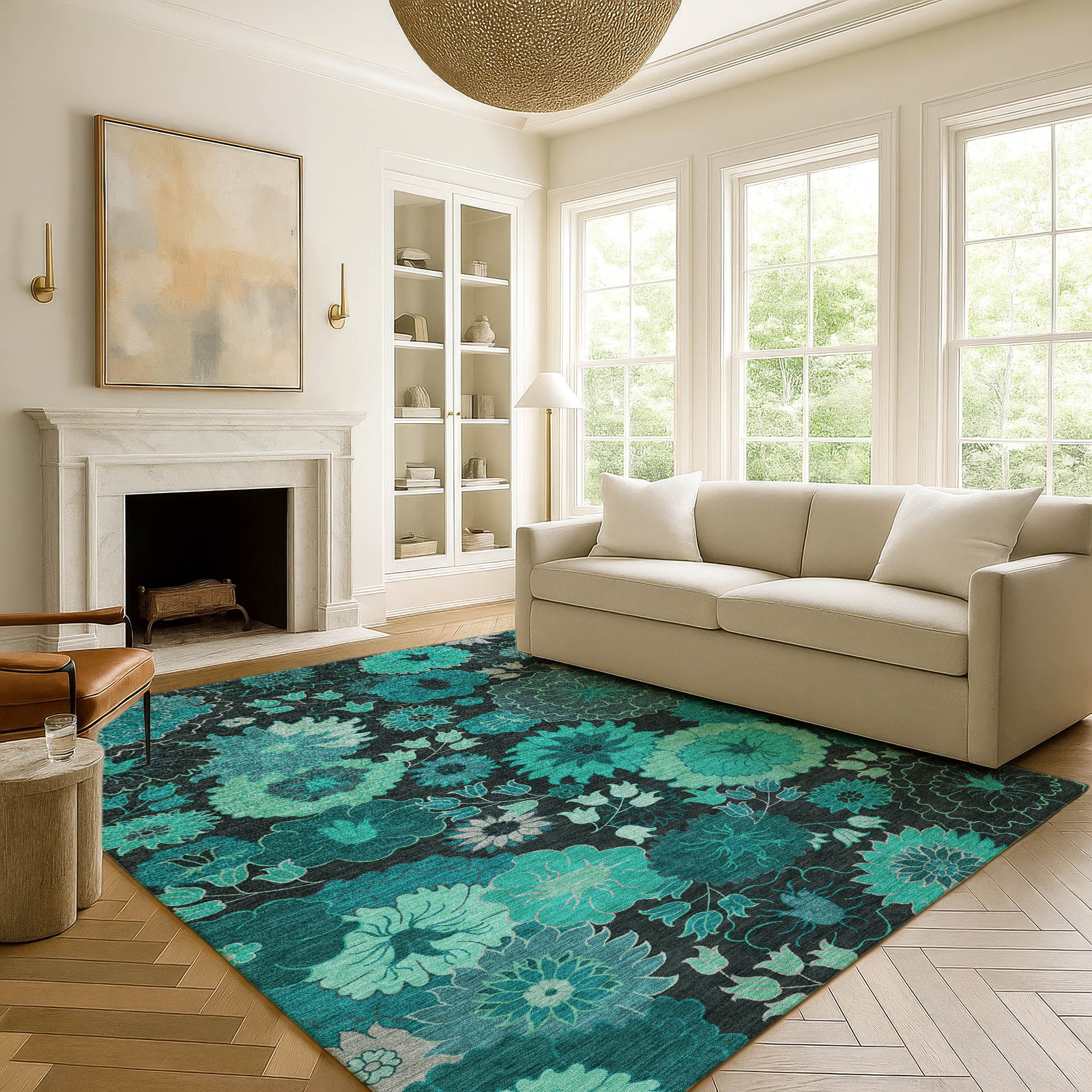 Luang Prabang Machine Washable Transitional Teal Rug 3' x 5' #shape_Rectangle