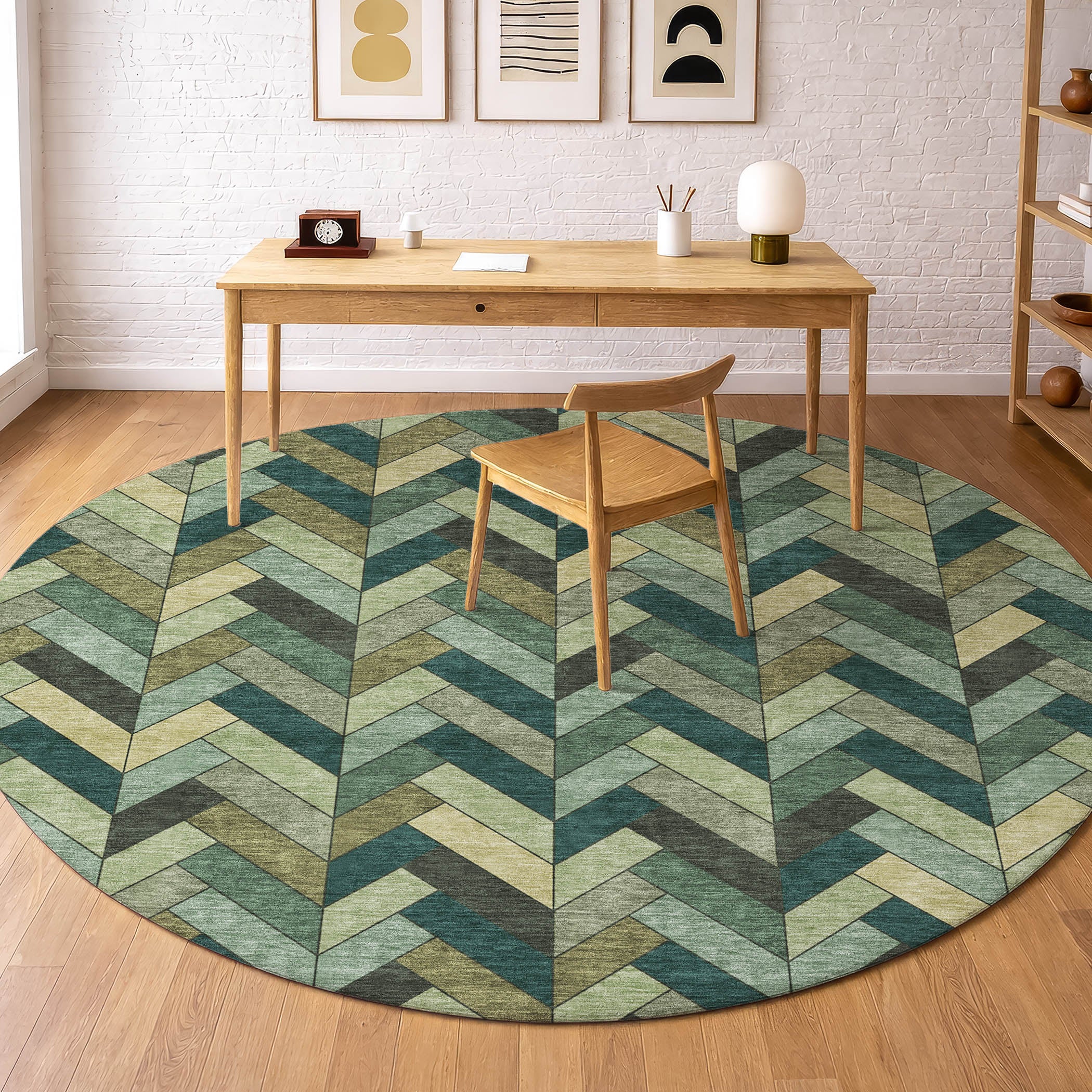 Cairo Machine Washable Transitional Green Rug 8' x 8' #shape_Round