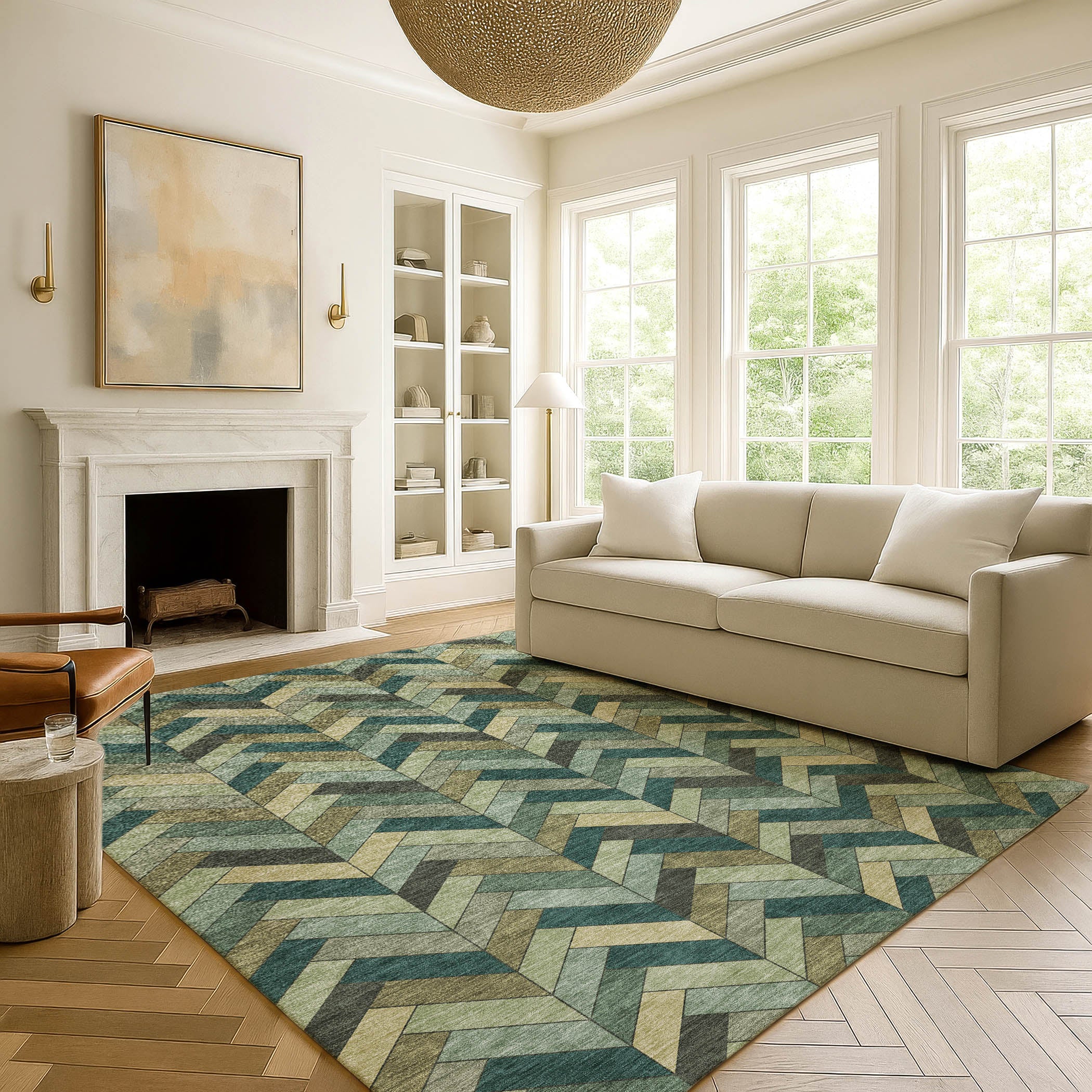 Cairo Machine Washable Transitional Green Rug 3' x 5' #shape_Rectangle