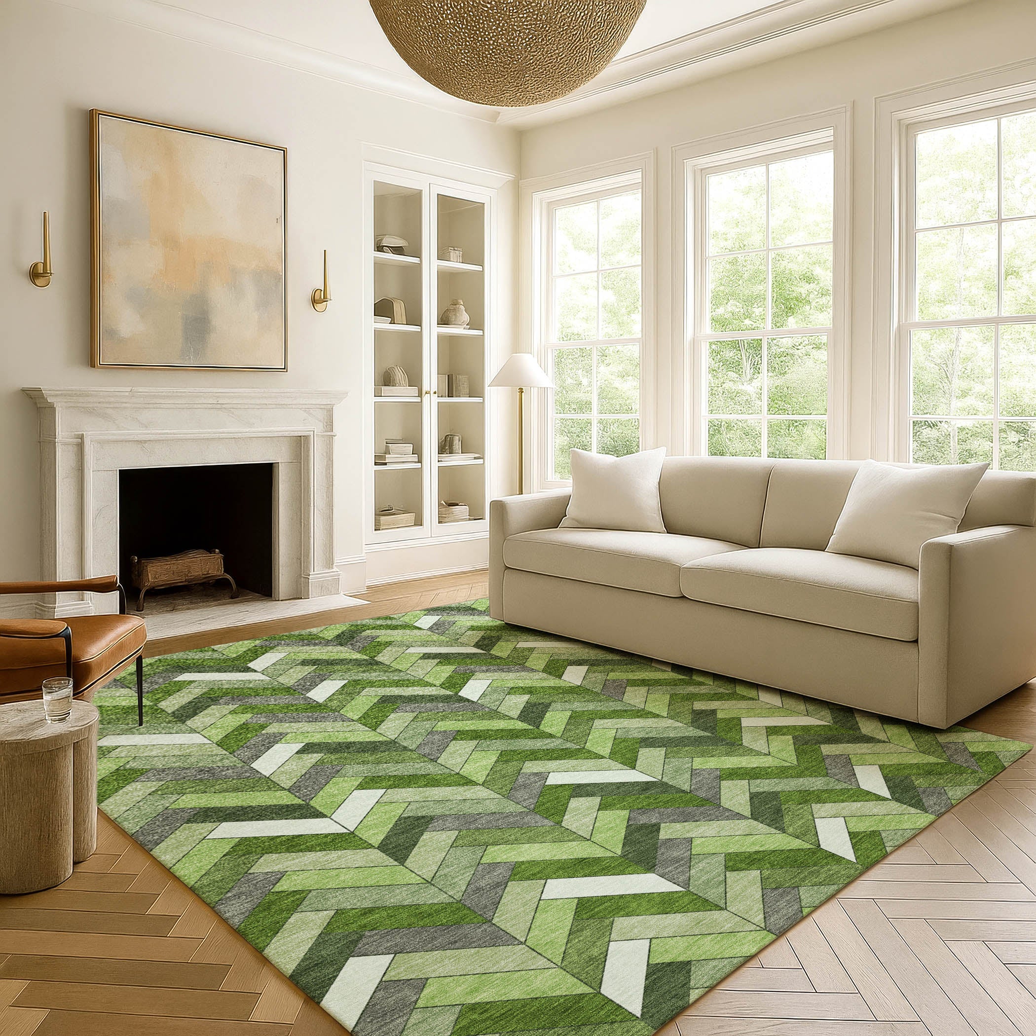 Cairo Machine Washable Transitional Olive Green Rug 3' x 5' #shape_Rectangle