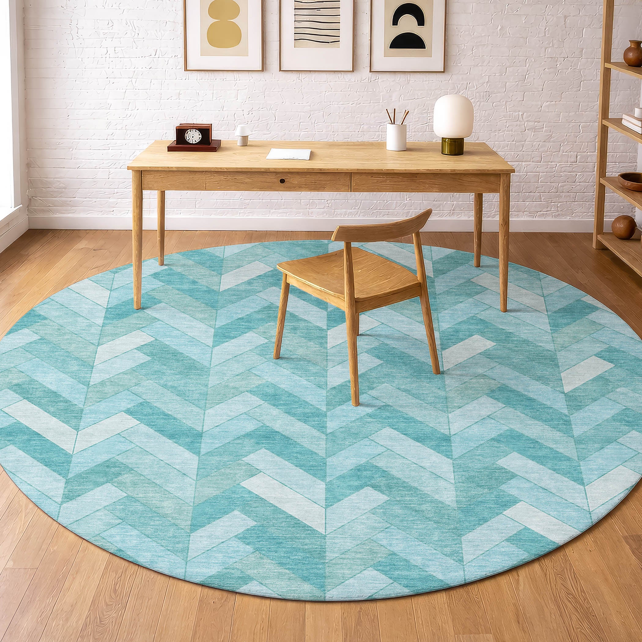 Bangkok Machine Washable Transitional Aqua Teal Rug 8' x 8' #shape_Round