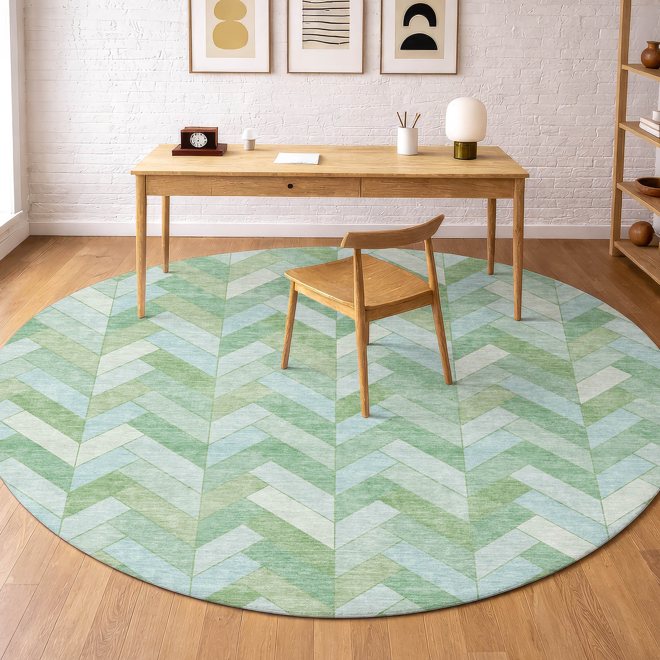 Bangkok Machine Washable Transitional Green Rug 8' x 8' #shape_Round